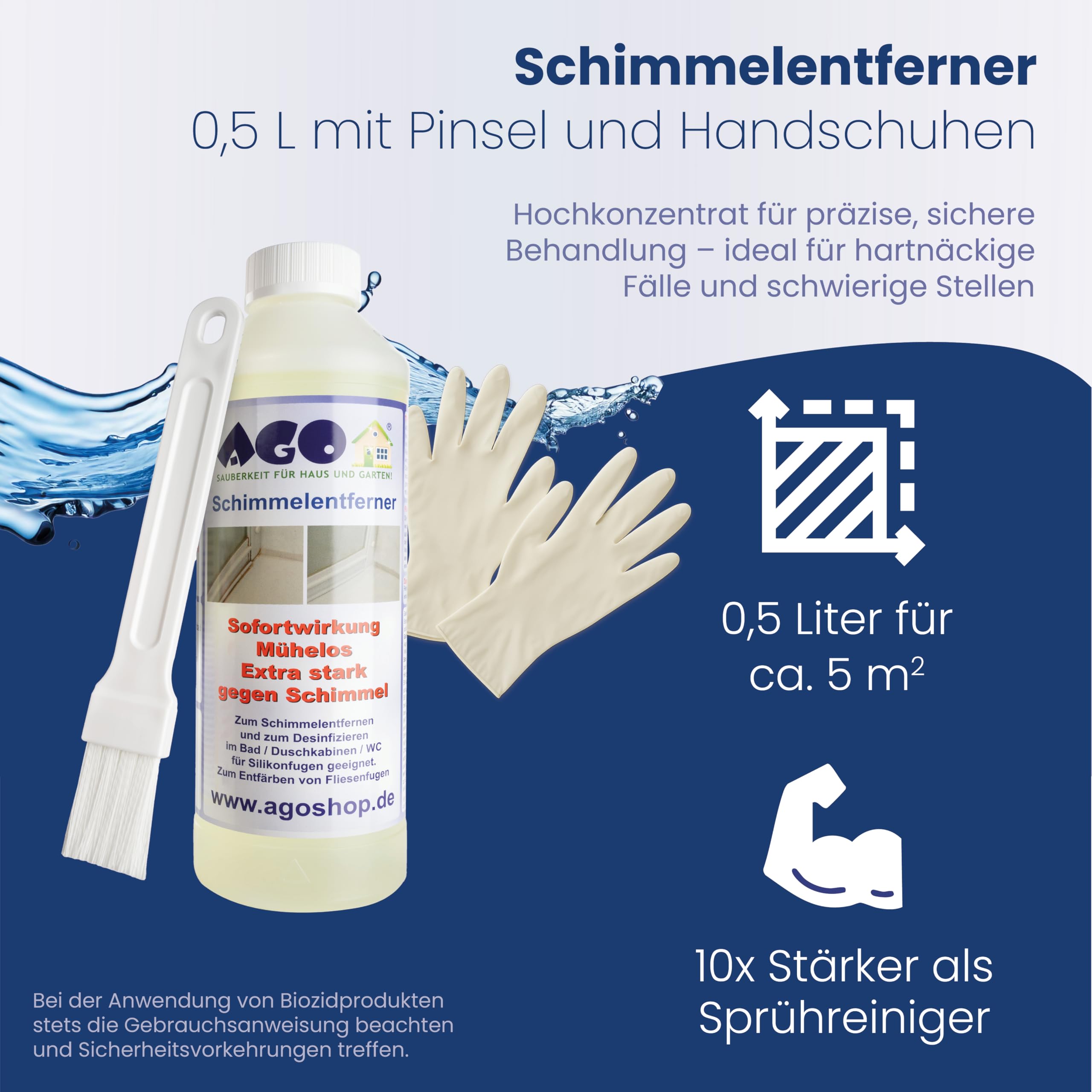 AGO 500ml Schimmelentferner mit Pinsel & Handschuhen – stärker als herkömmliche Sprühreiniger/hochkonzentriertes Anti Schimmel Mittel/Schimmelentferner Fugen Dusche
