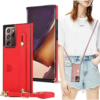CCSmall for Samsung Galaxy Note 20 Ultra Crossbody Case w Card KB Red | Adjustable Removable PU leather Lanyard Strap with Wristband Kickstand Phone Cover Case for Samsung Galaxy Note 20 Ultra