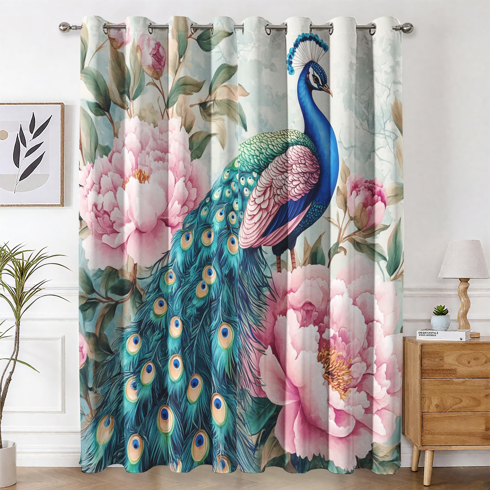 Rideau occultant paon oiseau fleur decoration chambre salon