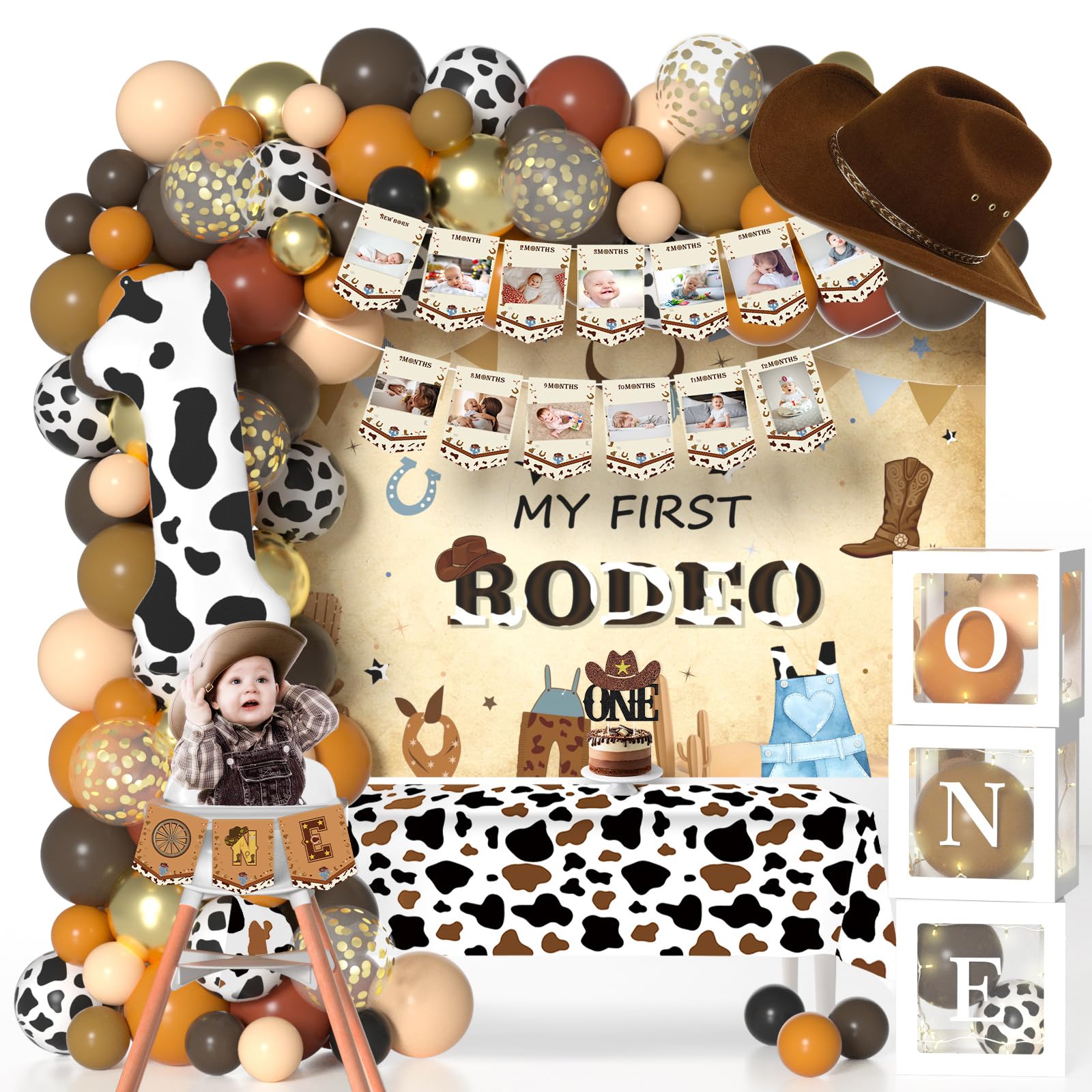 Western Cowboy 1st Birthday Decorations with Cowboy Balloons Arch, Number 1 Balloons, Banner, Cake Toppers, Backdrop, Highchair, Box, Tablecloth My