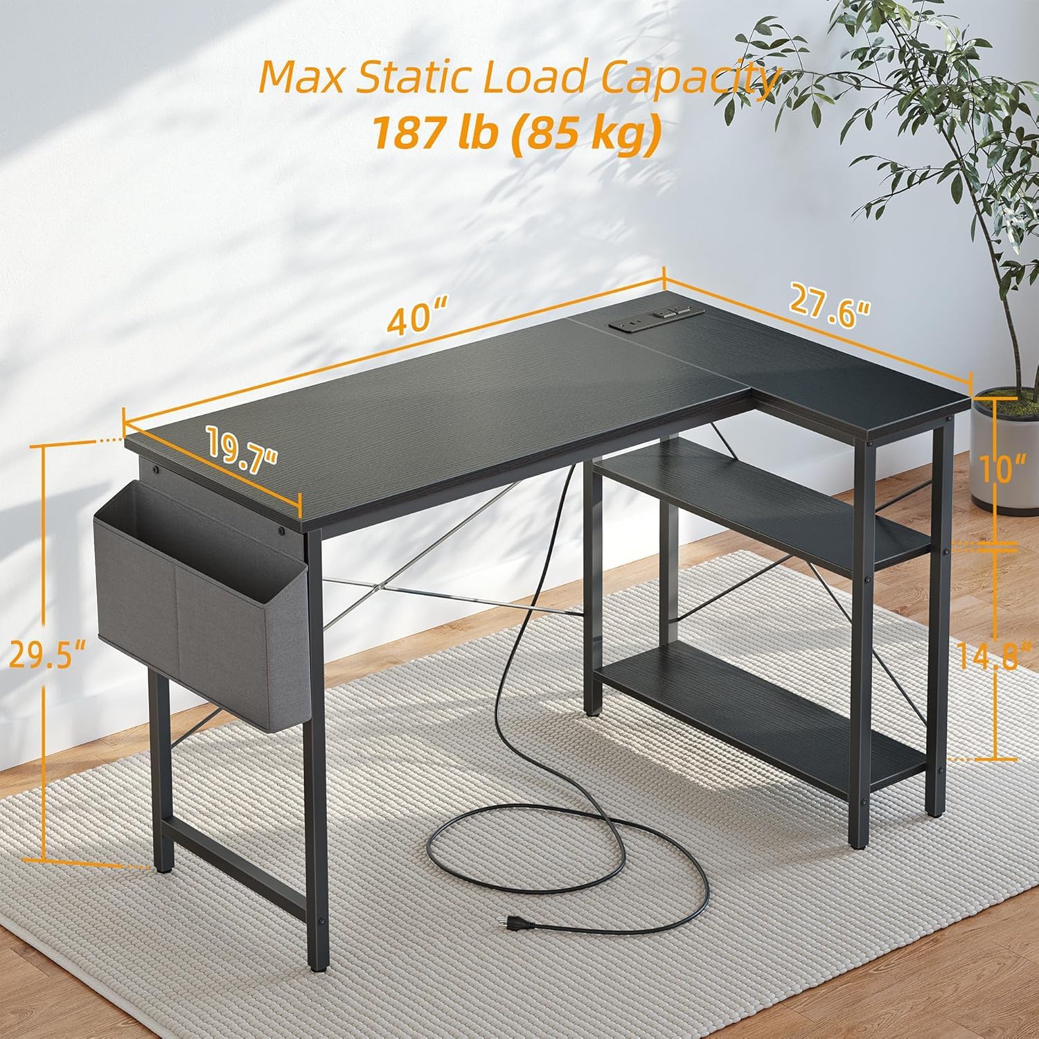 BEXEVUE Scrivania ad Angolo con Ciabatta - 100x70 cm Tavolino Computer a Forma L Ripiani Portaoggetti, Scrivania Angolare Reversibile Gaming Informatica, Studio Gioco Lavoro Casa Camera da Letto Nero