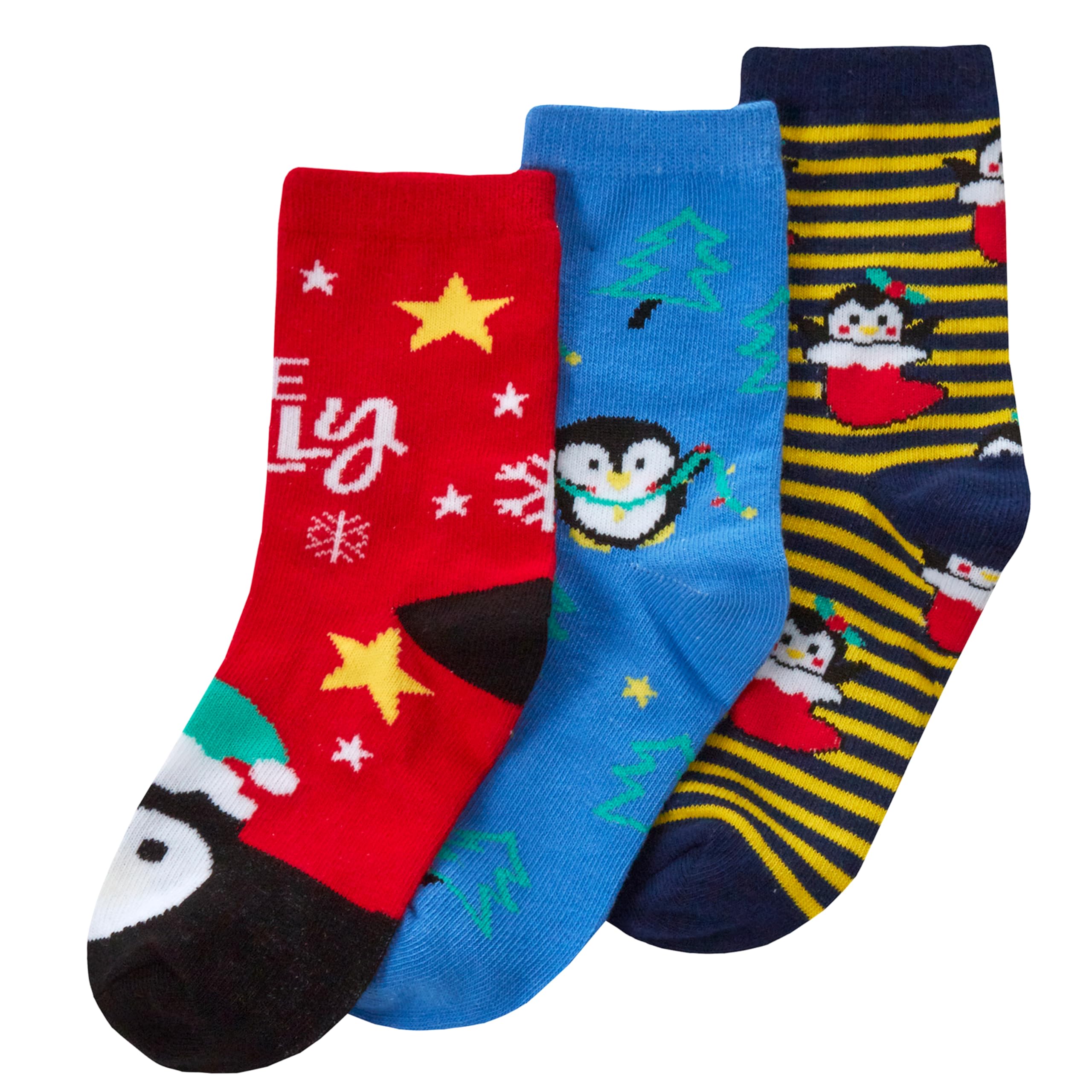Metzuyan Girls 3 Pairs - Penguins Ws-Aw23 3 Pairs Kids Novelty Festive Xmas Socks Christmas Cotton Rich Red Penguin Socks 6-8.5