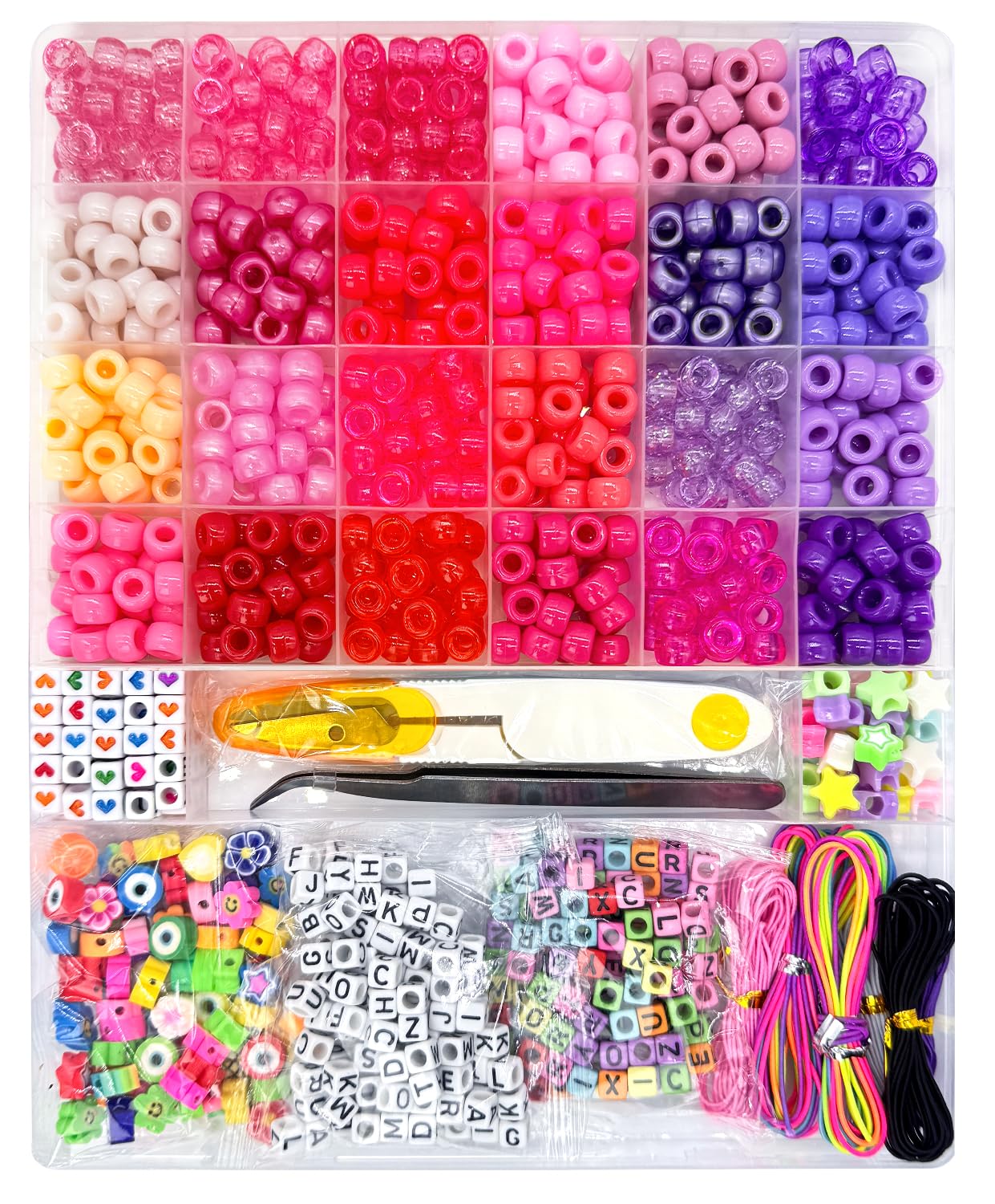 LYMOOR 900 Pony Beads, 200 Letter Beads Jewelry, 60 Colorful Clay Bead, Kandi Bracelet Making Kit for Girls, 30 M Elastic Rope, Scissors Tweezers, DIY Crafts Necklace Make Party Gifts Maple Red