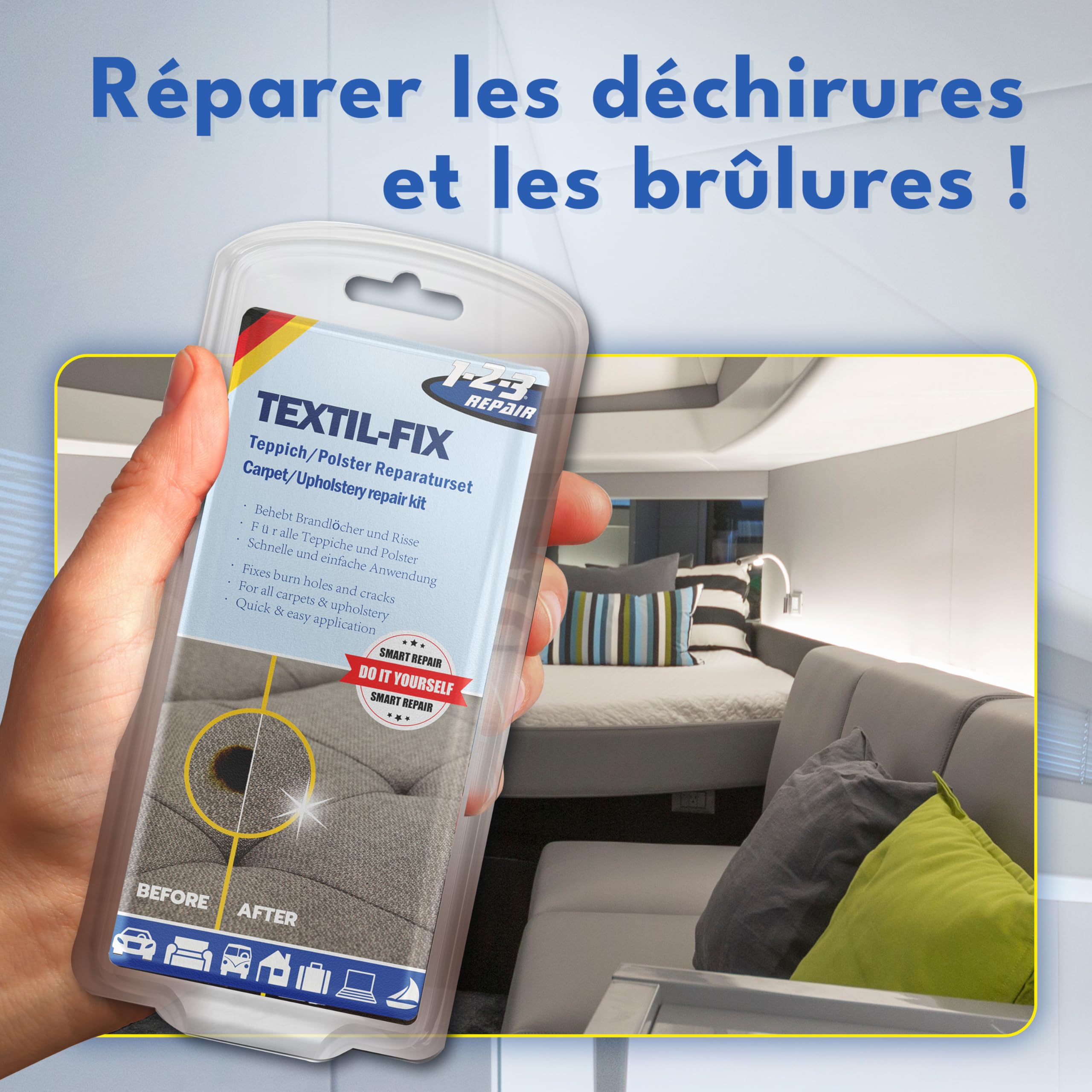 Kit Reparation Siege Auto Tissu – Répare Trous, Brûlures et Déchirures, Kit Reparation Tissu Voiture et Canapé, 7 Couleurs, 13 Pièces