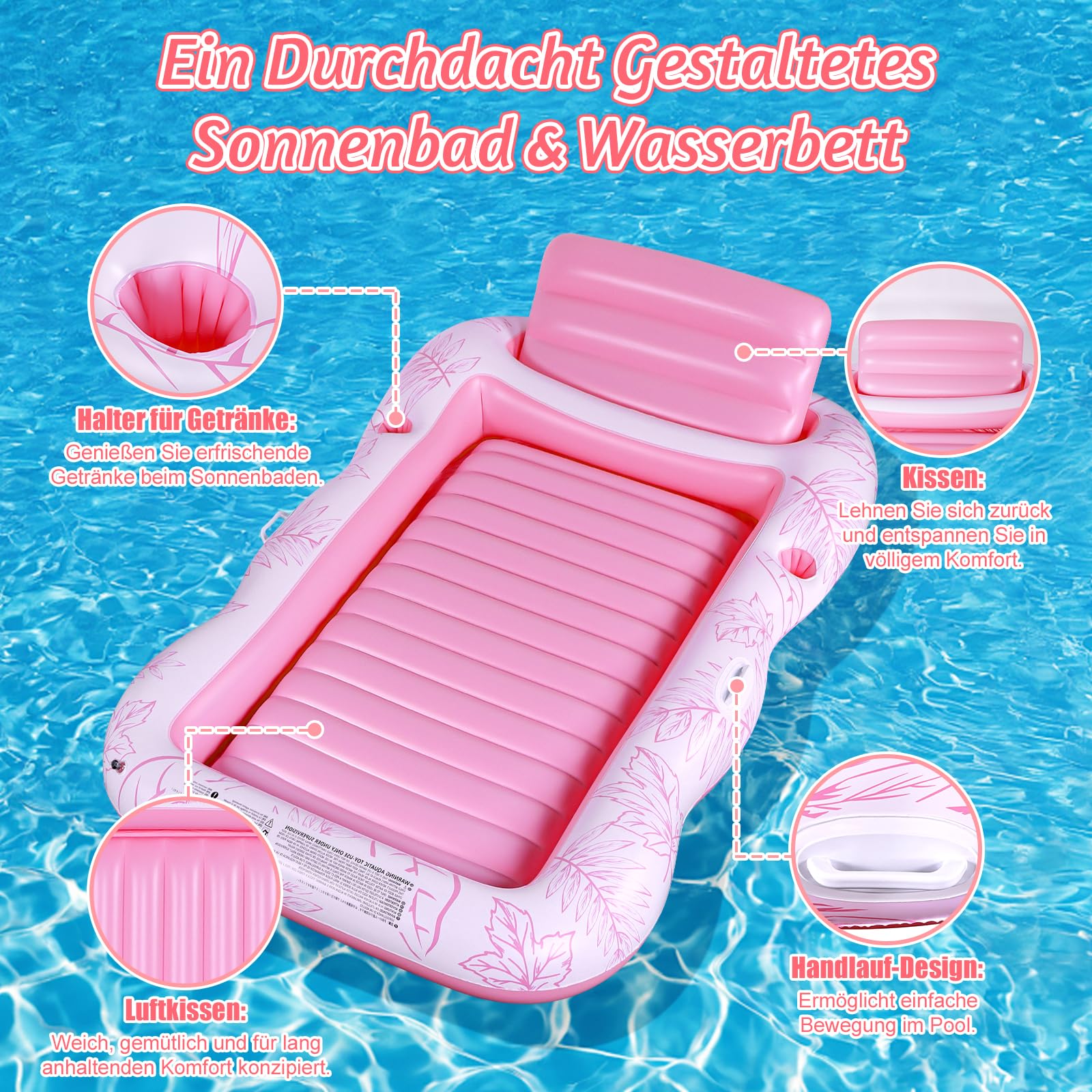 Charmofun Aufblasbarer Luftmatratze Pool, Inflatable Tanning Pool mit Tassenhalter, Pool Lounge aufblasbare Liege, Aufblasbare Sonnenpool Wasserhängematte für Erwachsene und Kinder (Rosa)