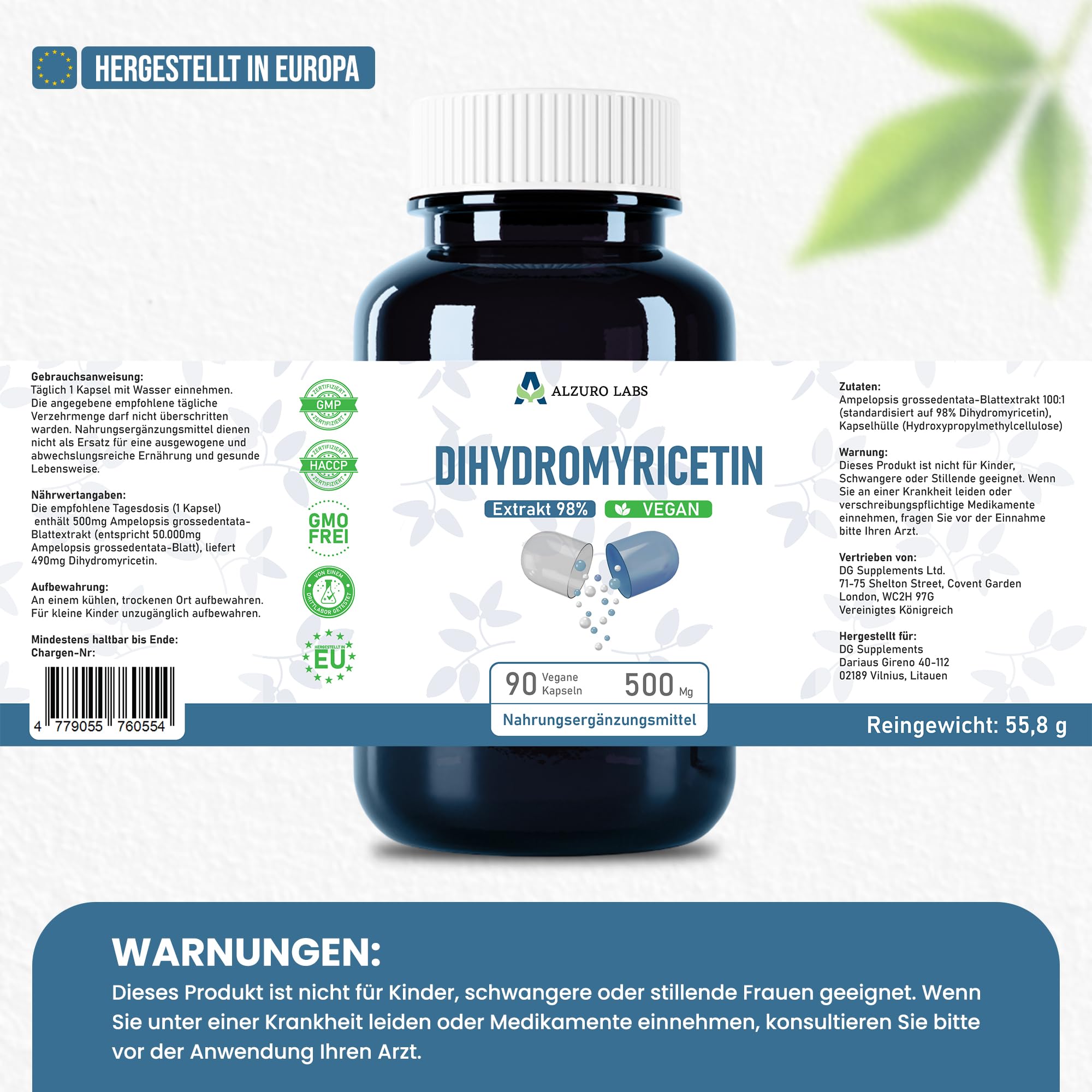 Dihydromyricetin | 50.000 mg Äquivalent | Hochdosiert 100:1 Extrakt, 98% | 90 vegane Kapseln | GMP & Laborgeprüft