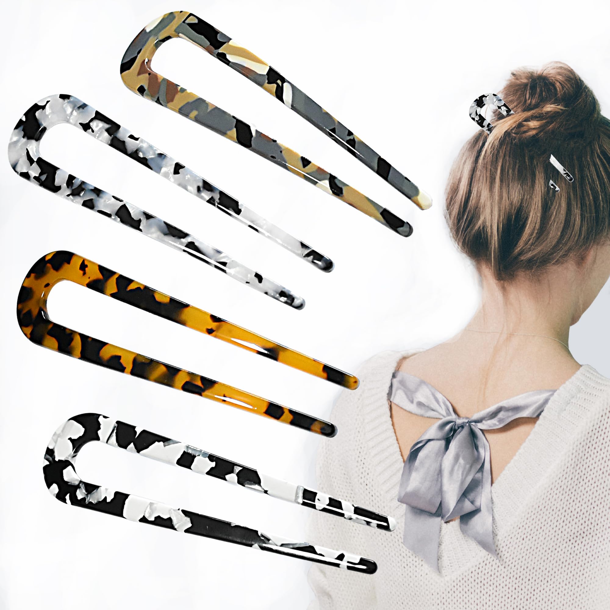 Borsun 4 Pack U Shaped Hair Pins for Buns, French Pin Hair Fork Sticks for Long Hair, 2 Prong Hair Stick for Women and Girls（Camo）