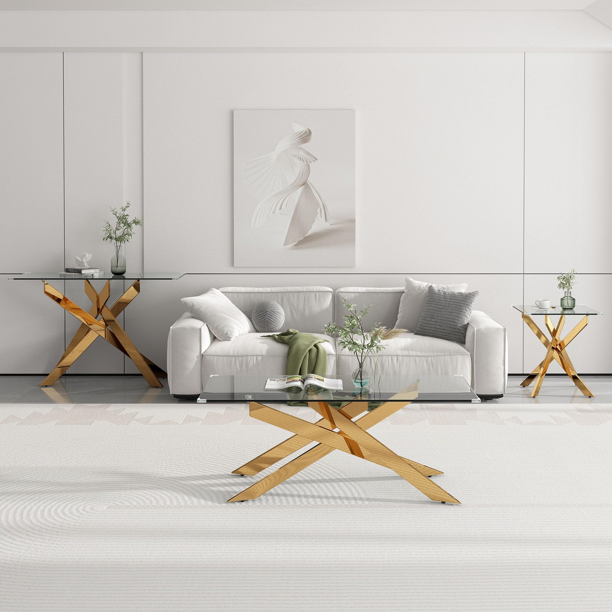 ModaWhly Living Room Glass Table Set of 3, Includes Glass Coffee Table + End Table + Console Table, Modern 3 Pieces Coffee Table Set with Tempered