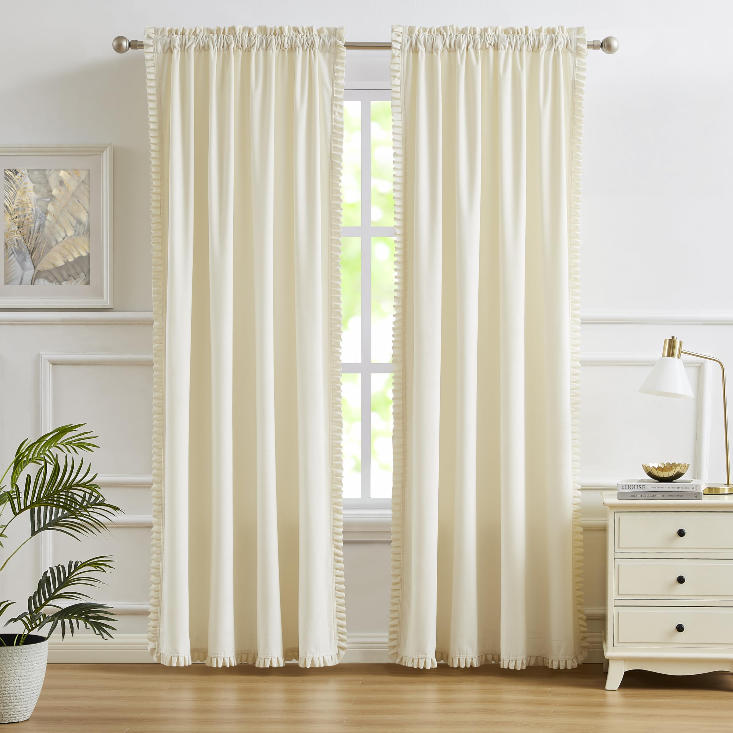 Jackroy Ruffle Velvet 70% Blackout Curtains 95 Inches 2 Panels Set with Rod Pocket Solid Window Treatment Set Room Darkening Drapes for Bedroom/Living Room (Cream, 50"×95"×2)