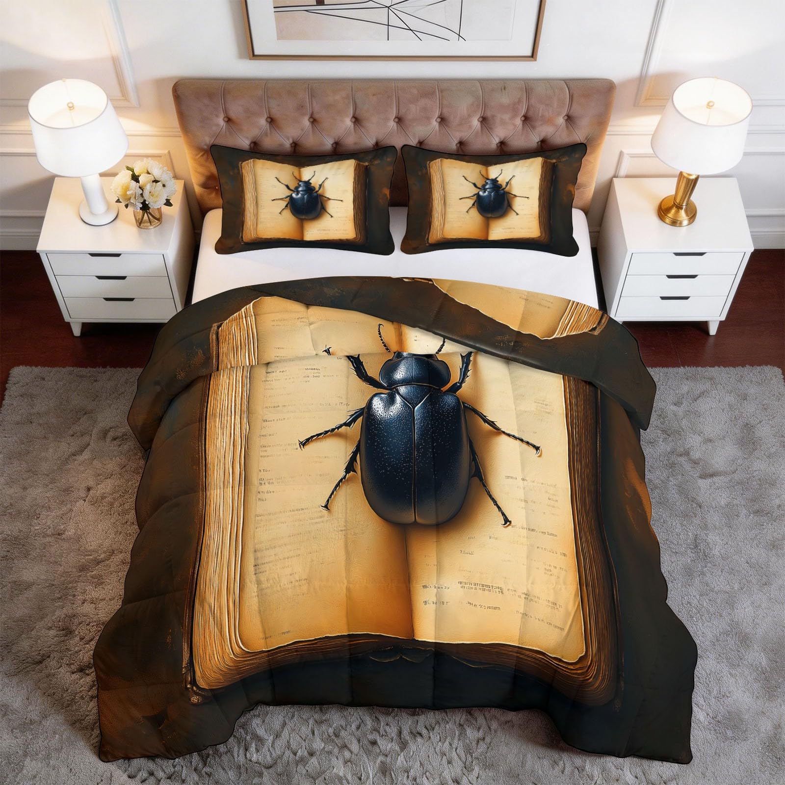 Żółta dwustronna kołdra, podwójna, 200 x 200 cm, postarzana kołdra w stylu vintage, książki, insekt, miękka, oddychająca pościel dla dzieci i nastolatków, nadaje się do prania, lekka, hipoalergiczna