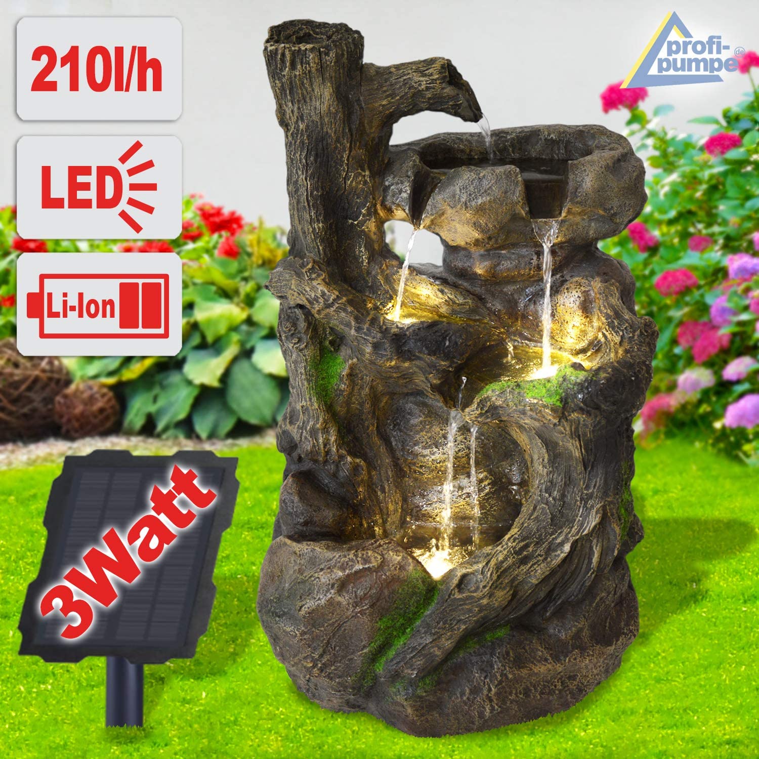 Solar Gartenbrunnen Brunnen Solarbrunnen Zierbrunnen Wasserfall Gartenleuchte Teichpumpe für Terrasse, Balkon, mit Pumpen, mit Liion-Akku & Led-Licht (BAUMWURZEL & Stein-Kaskade)
