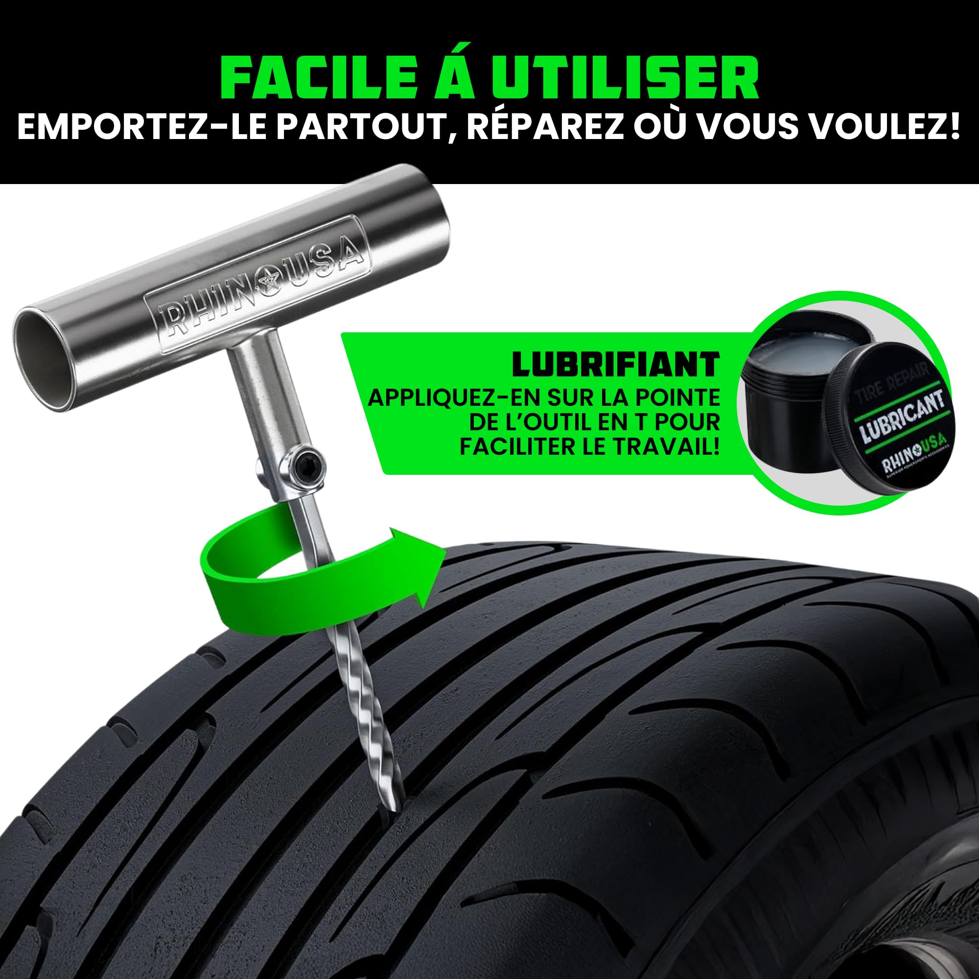 Rhino USA Kit de Réparation de Pneus (86 pièces) Kit Professionnel pour réparer crevaisons & rustines tubeless – Outils complets pour Voiture, Moto, Quad, UTV, Camping-Car et remorque