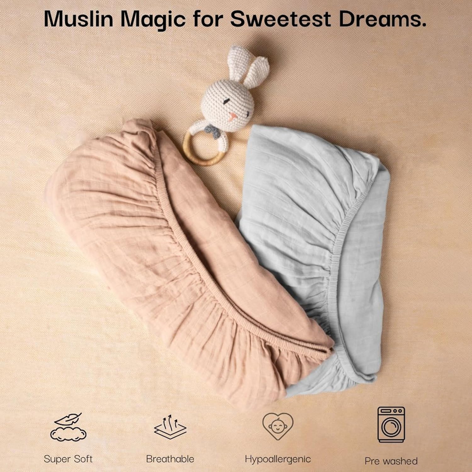 Salt Earth 100% Organic Cotton Muslin Standard Fitted Crib Sheet,52"x28", 2 Pack Soft Breathable Natural Cotton Sheets Baby Mattress Bed Sheets, No Slip Neutral Baby Crib Sheet (Beige & Silver) - Image 6