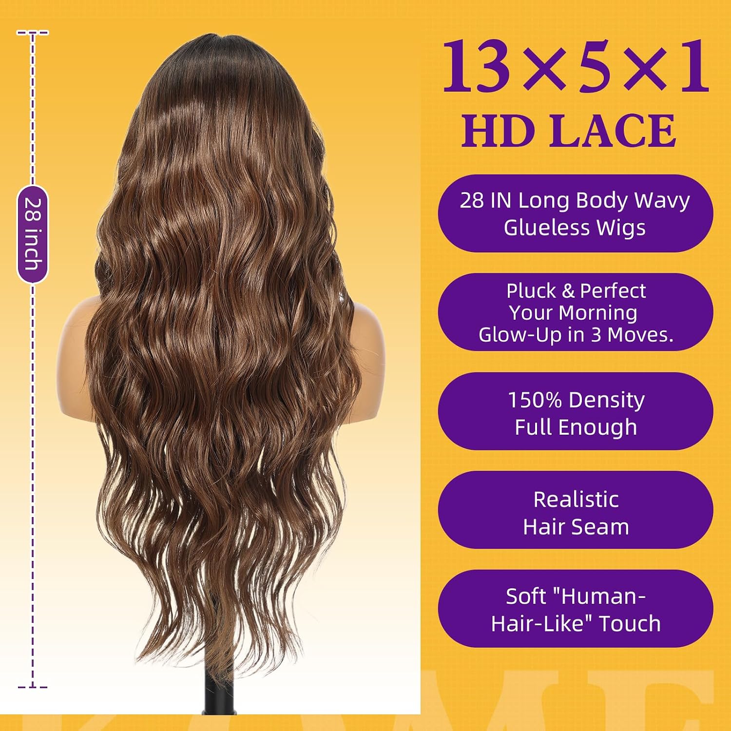 KOME Ombre Brown Synthetic Lace Front Wig, Beginner Friendly Wigs T Part Glueless Long Curly Wavy Wigs With Bangs for Women Cosplay Daily Use 28IN(#TT30/2761)