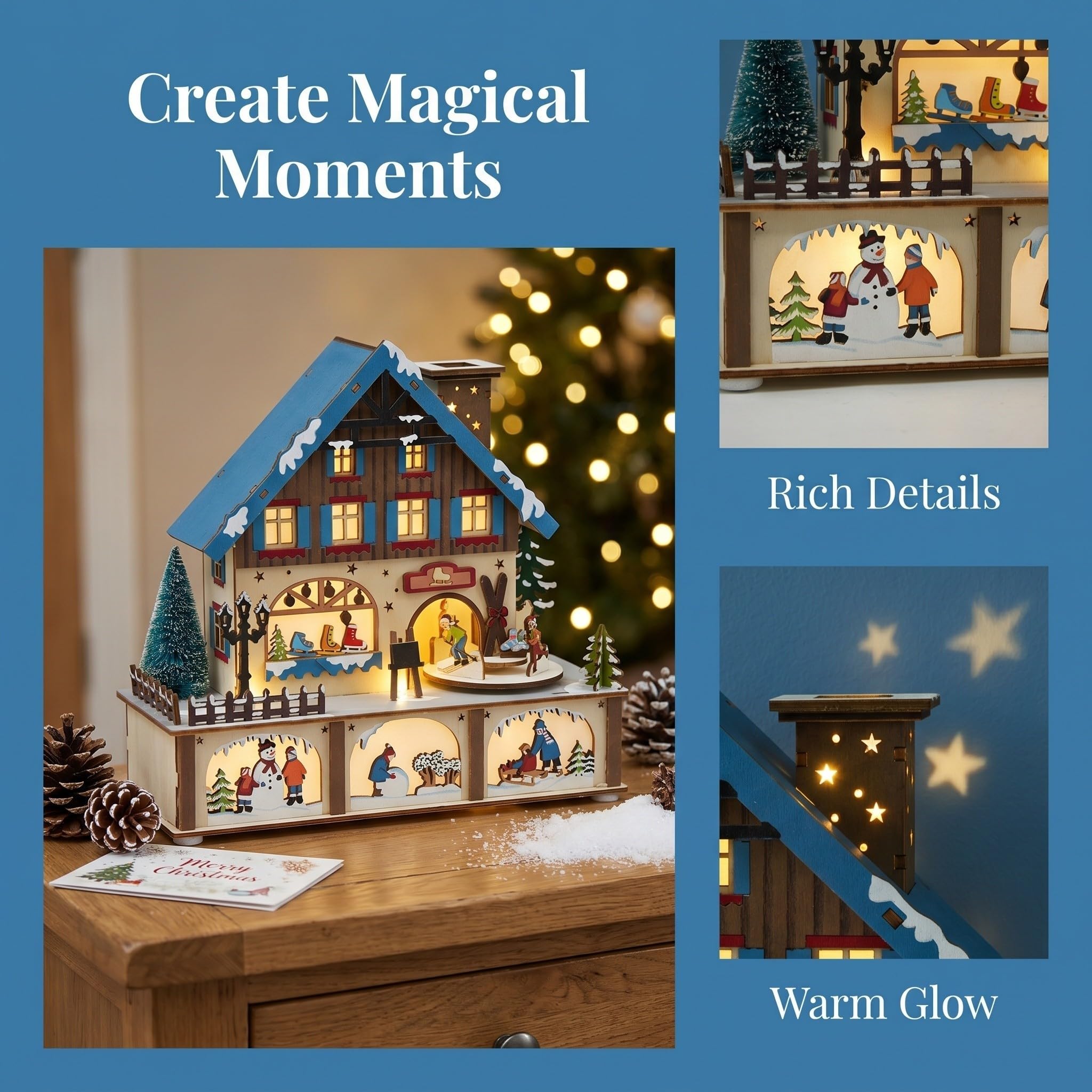 Adorno Navideño de Madera con Luces Led, Casa Pequeña para Decoración de Invierno, Diseño Intrincado y Acabado Artesanal para Centro de Mesa en Navidad