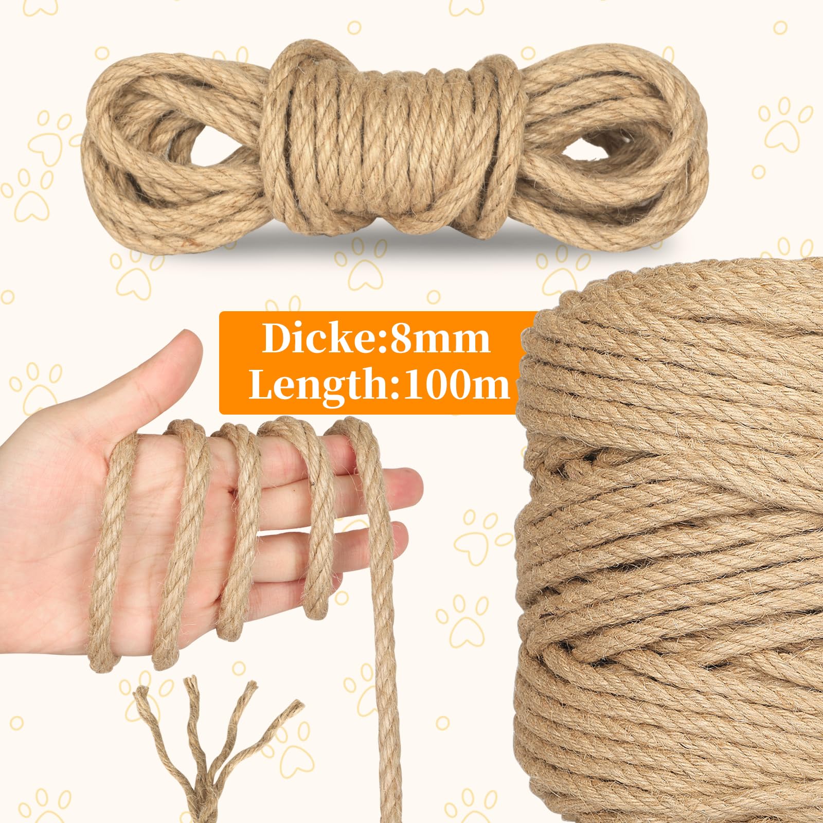 Corde en Sisal pour Arbre à Chat de 8mm x 100m, Corde en Chanvre Naturel pour Chat Scratch Pilier, DIY Décoration de Jardin et Maison, Réparation et Remplacement