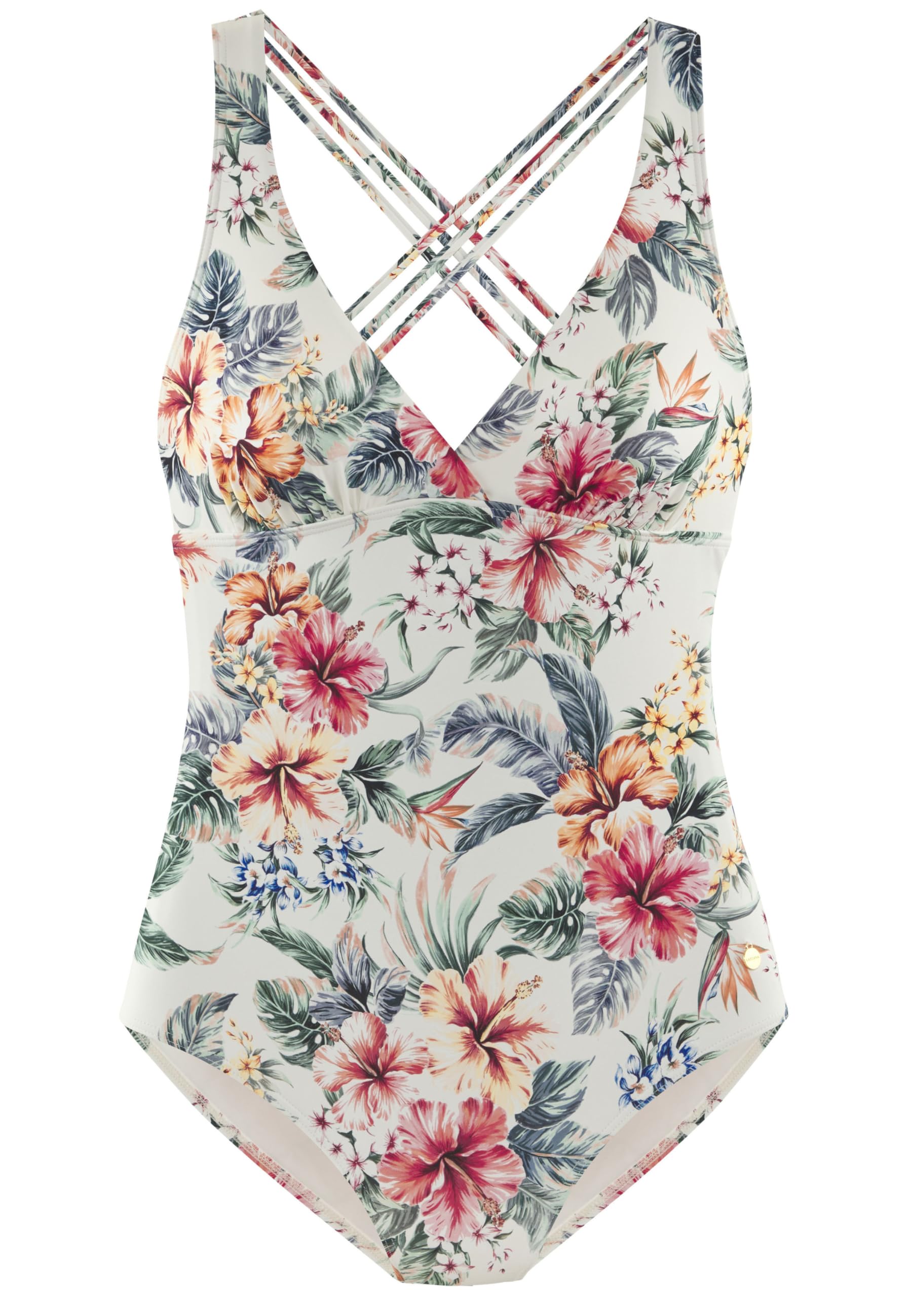 Lascana Damen Badeanzug mit floralem Alloverprint – jedes Teil EIN Unikat, raffinierte Rückengestaltung mit gekreuzten Bändern, Softcups zum Herausnehmen