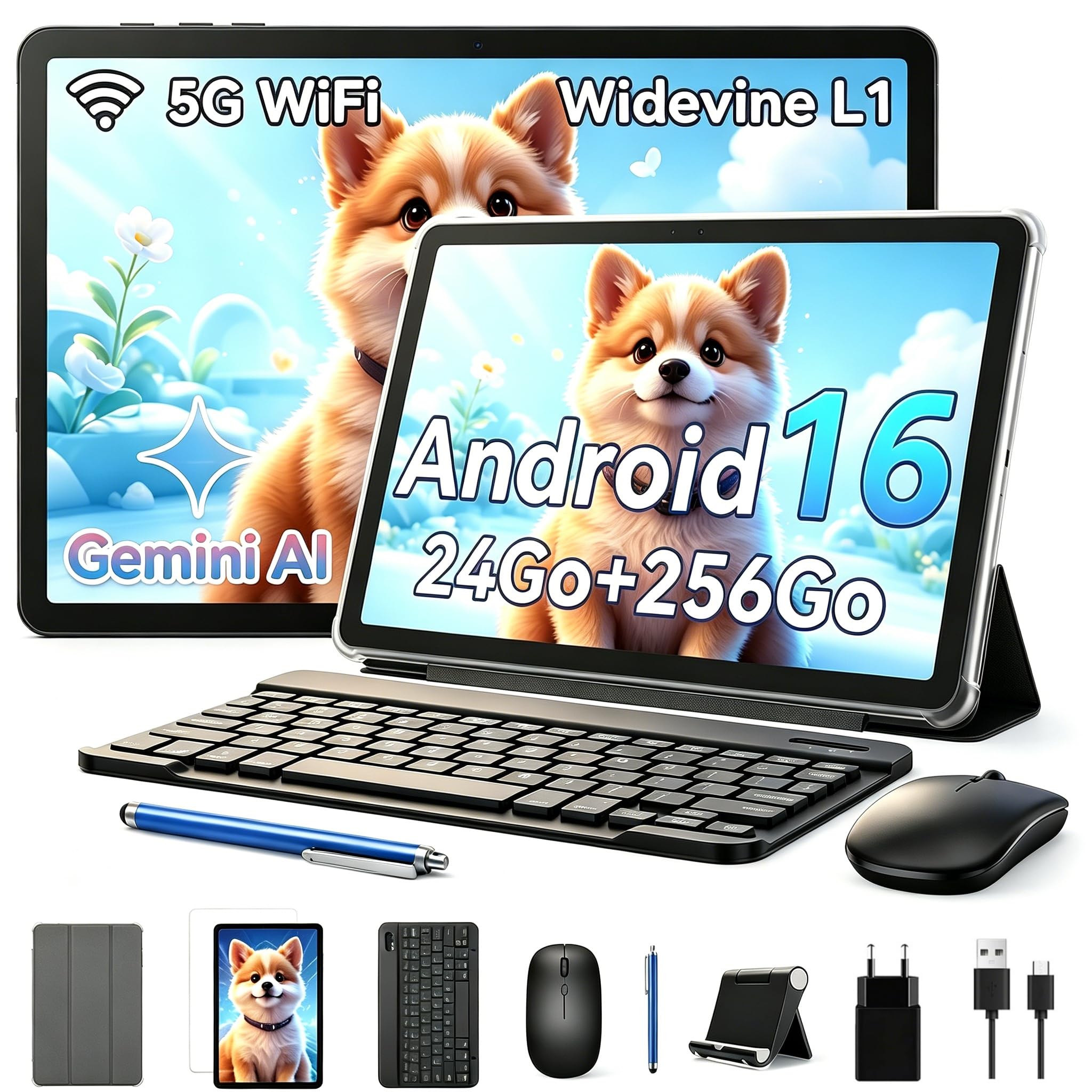 Android 16 Tablette avec Clavier - 24 Go+ 256 Go(2To TF), Octo-Core, Gemini AI 3.1Pro, Widevine L1, Tablette 10 Pouces, 5000 mAh, 8 MP+ 5MP, Face ID, GPS (Garantie de 4 Ans)