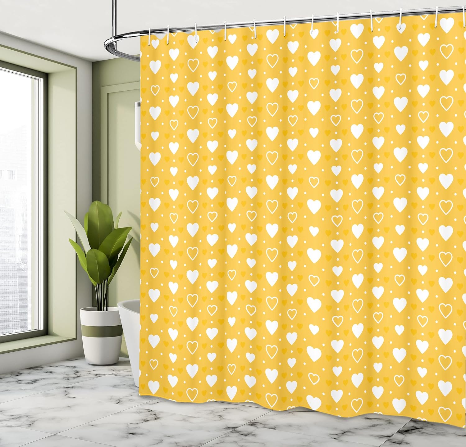 Ambesonne Yellow Shower Curtain, Full and Empty Heart Shapes with Little Dots and Tiny Hearts Pattern, Cloth Fabric Bathroom Decor Set with Hooks, 69" W x 75" L, Yellow White