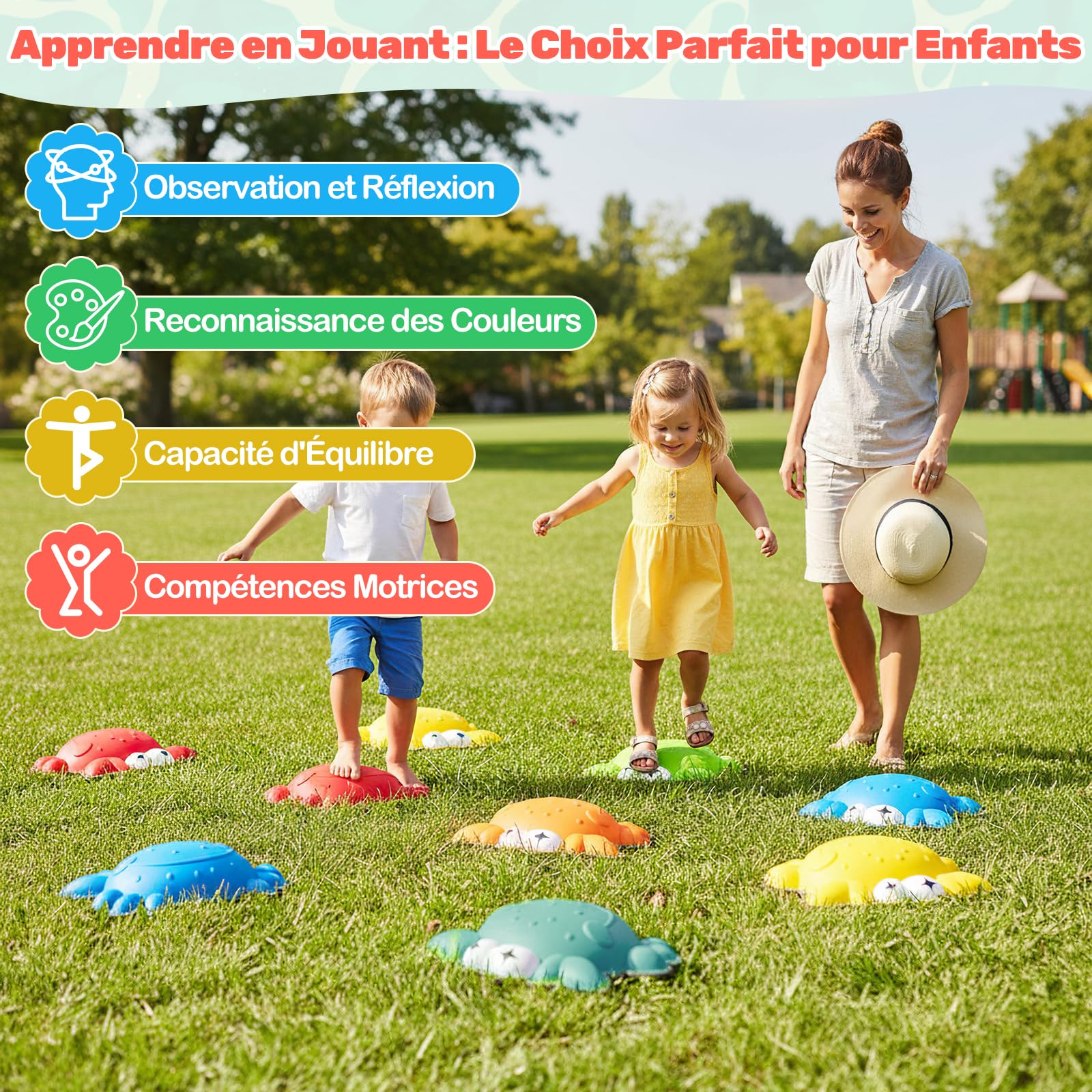 COSTWAY 9 Pierres d'équilibre Empilables Enfant en Forme Crabe avec Bord TPE, Parcours Motricité Enfant avec Motif Antidérapant, Jouet Sensoriel Intérieur & Extérieur, Charge 80kg pour 3 Ans+