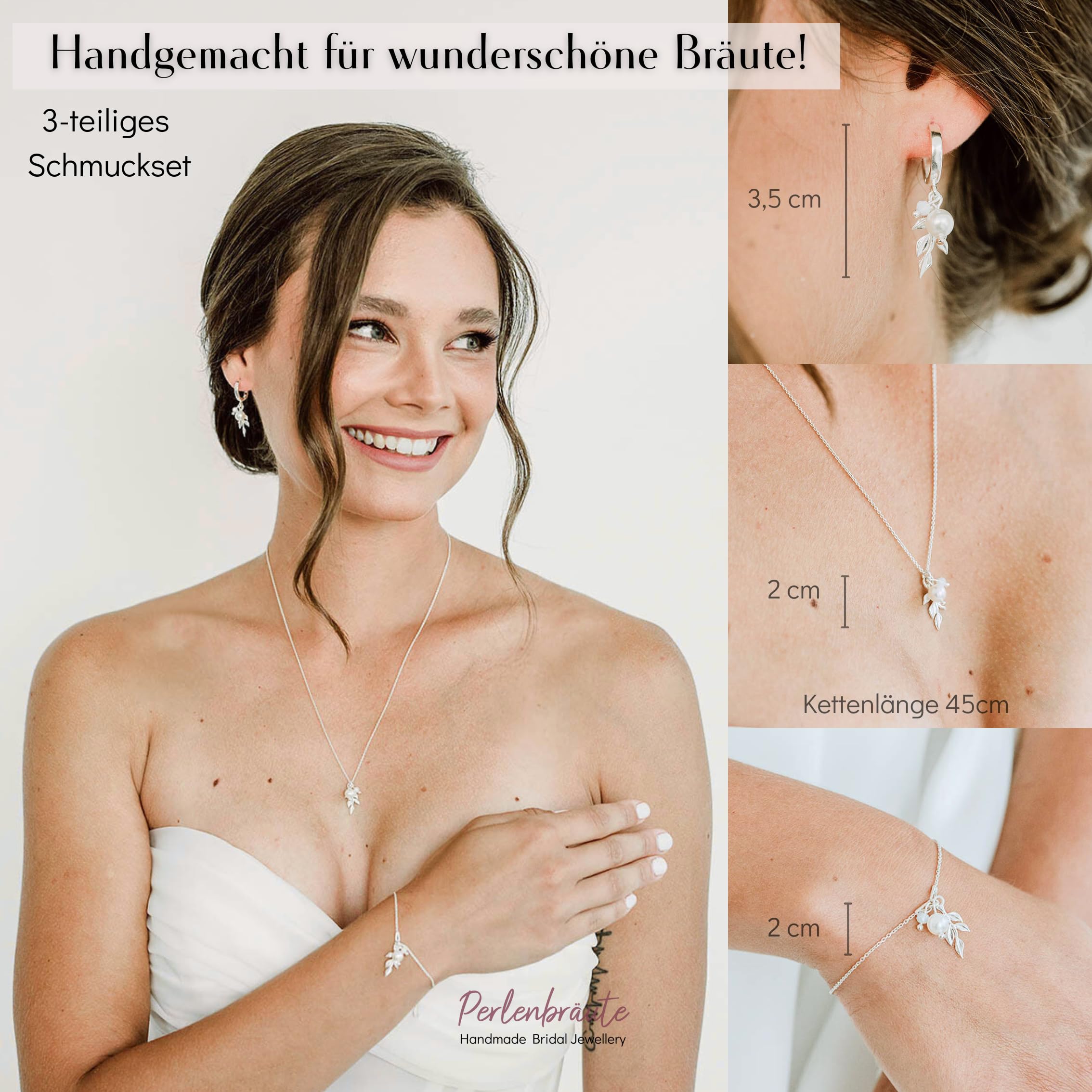 Schmuck mit Perlen Hochzeit – premium 925 Silber Schmuckset & Ohrringe Braut – hochwertiger Brautschmuck Perlen – Damen Schmuck gold Braut – Brautohrringe, Schmuckset Hochzeit Blatt
