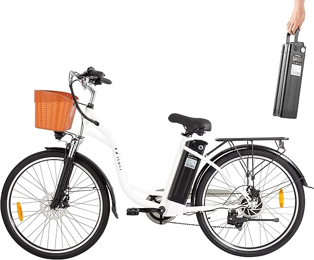 DYU Electric Bike, 26 Inch Smart Electric Bicycle with Shimano 6 Speed Shifting, 12.5Ah 36V Removable Battery, City Urben E-Bike with Basket, Adjustable Seat Height, Unisex Adults