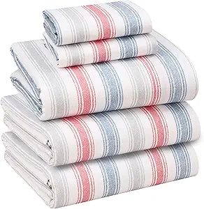 RUVANTI 100% Cotton Split King Sheets Sets for Adjustable Bed, 5 PCs, Soft & Breathable Percale Weave Bedding, Deep Pocket 16", Hotel Standard, Crisp Cool Feel & Durable, Striped Sheet, Times