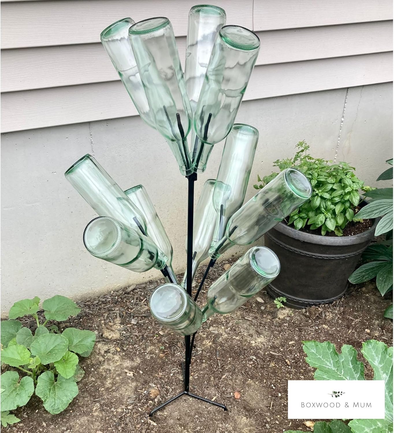 Boxwood and Mum Solid Steel Bottle Tree Stand, Outdoor Decor Garden Yard Art, Metal Wine Bottle Tree for Garden Decorations, Wrought Iron Bottle Holder with Powder Coated Finish, Amish Made in USA