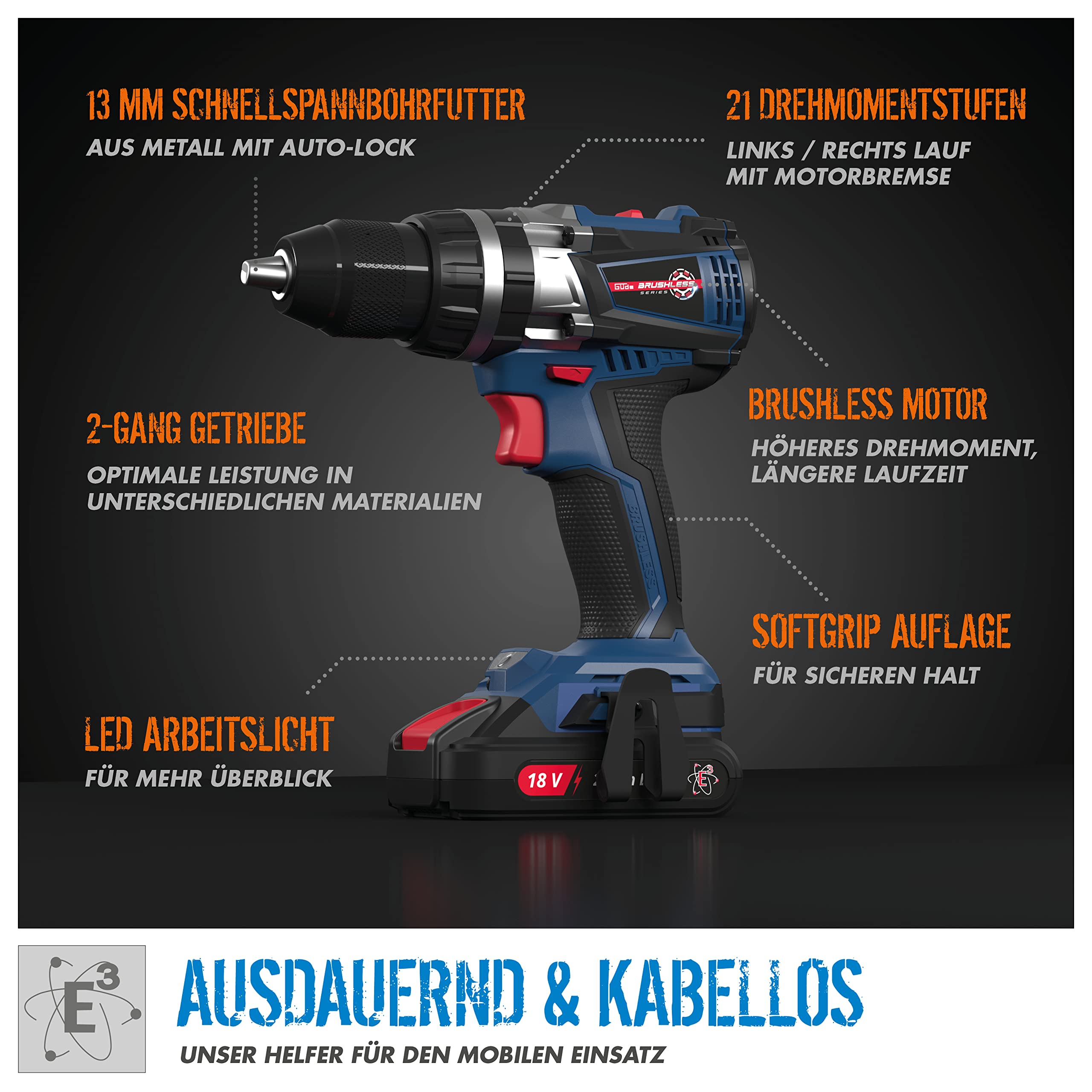 Güde Trapano avvitatore a percussione a batteria BSB 18-0 BL (serie Easy-Energy-Exchange Brushless, ioni di litio, 18 V, 2 marce, 21 livelli di coppia, coppia 55 Nm, luce LED, senza batteria e