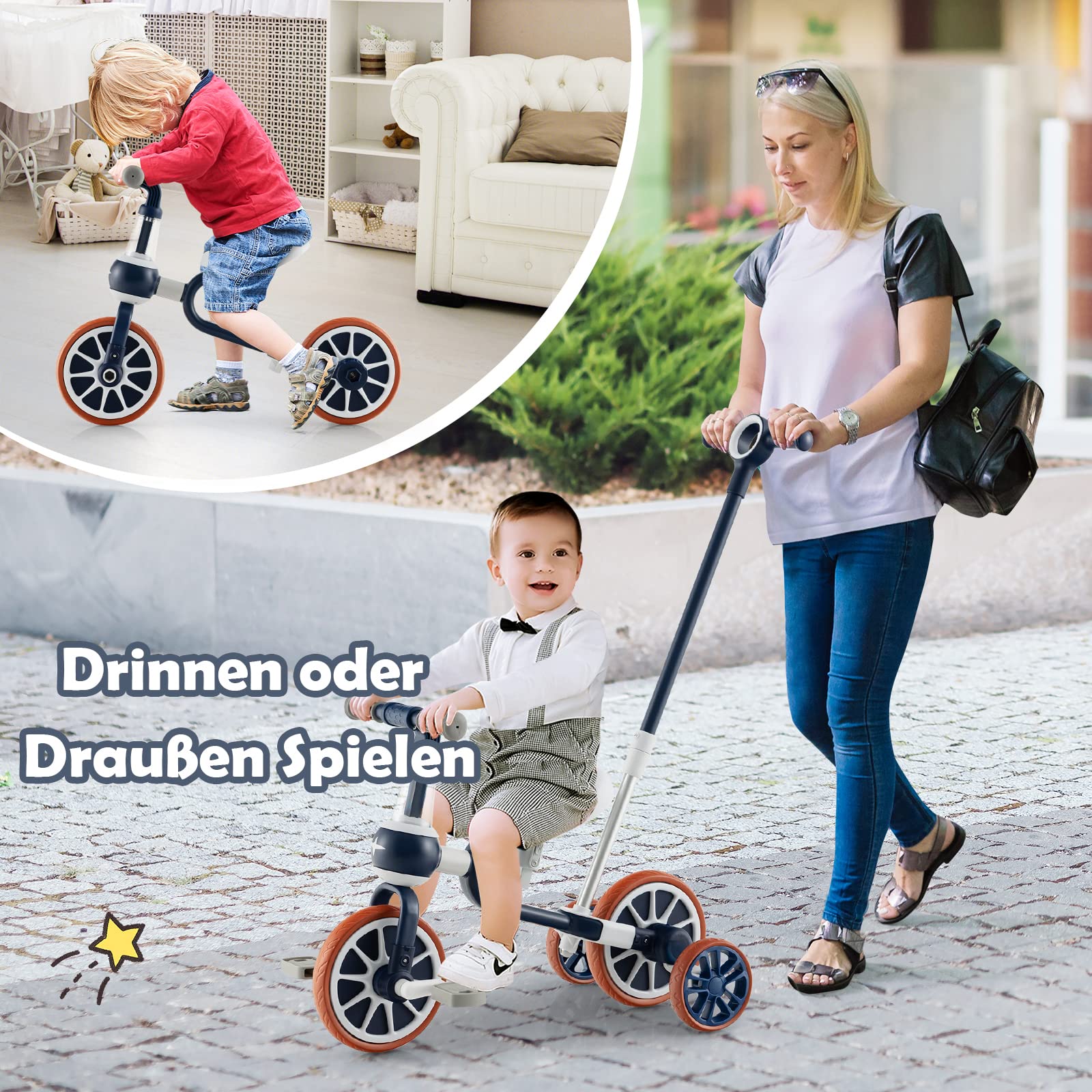 COSTWAY 4 in 1 Kinder Dreirad & Laufrad & Balance Bike & Schiebeauto mit verstellbarem Schiebegriff und abnehmbaren Pedalen,für Kinder ab 1 Jahre