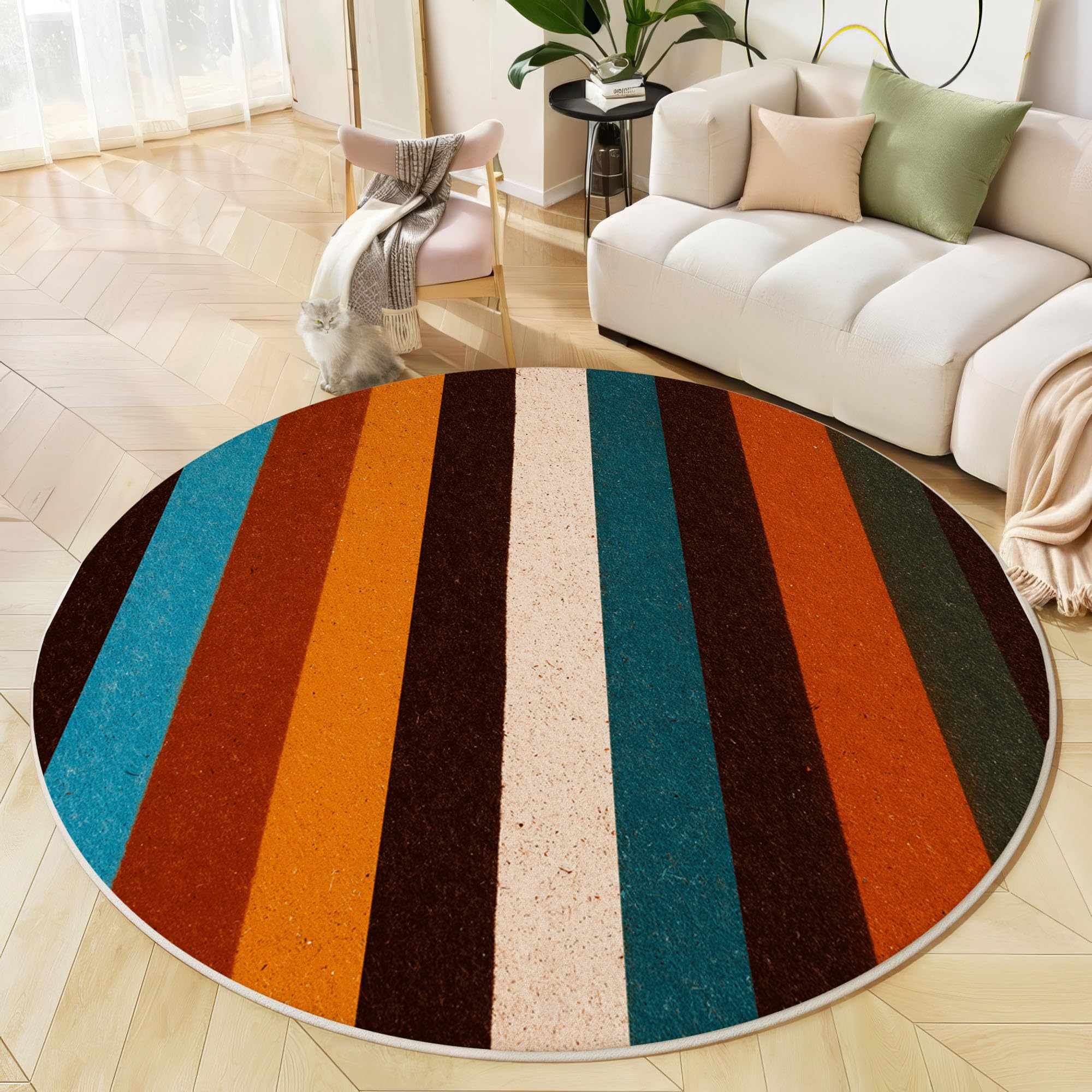 Tapis Rond De Chambre 120 Cm - Patchwork Rayé Rétro Terracotta - Motif Géométrie Simple - Moelleux Et Antidérapant - Tapis De Salon À Poils Courts - Lavable - Moderne Et Doux