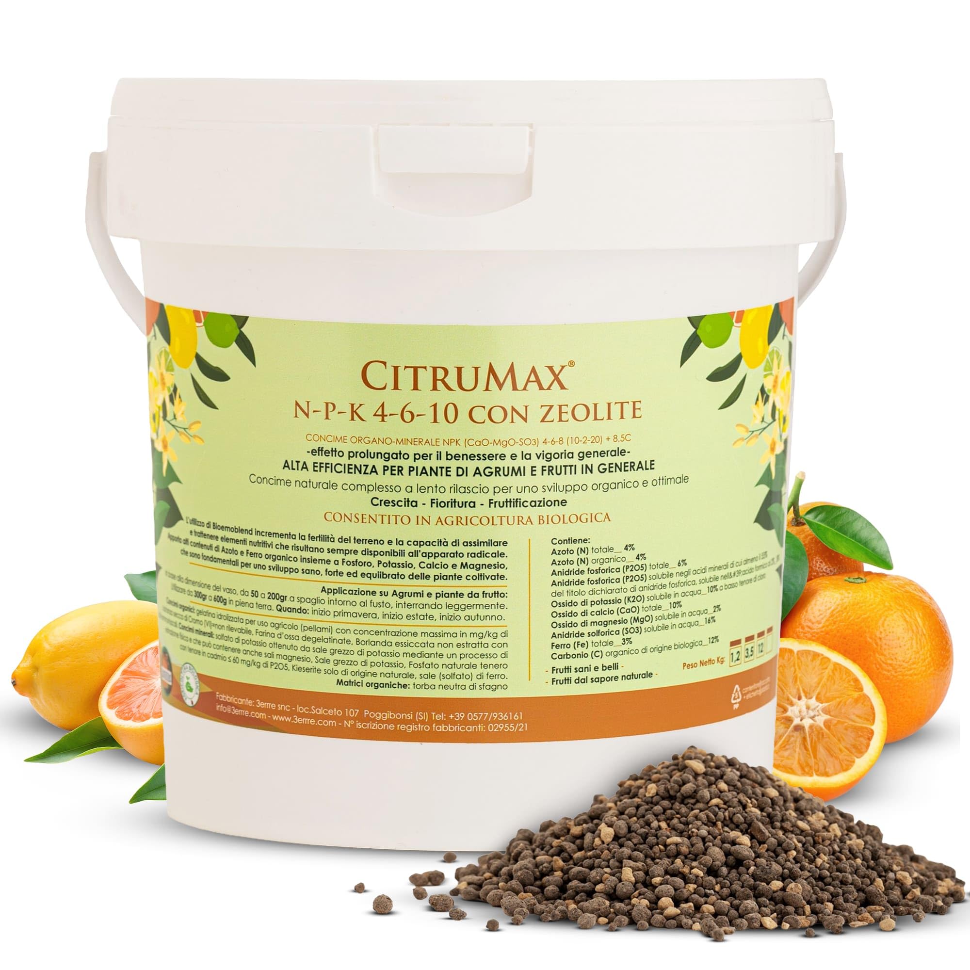 CITRUMAX Agrumes BIO engrais N-P-K granulaire 4-6-10 azote + phosphore + potassium + fer + magnésium + calcium (Limoni-Mandarini-orange--Kumquat) Culture biologique de haute qualité (3,5 kg)