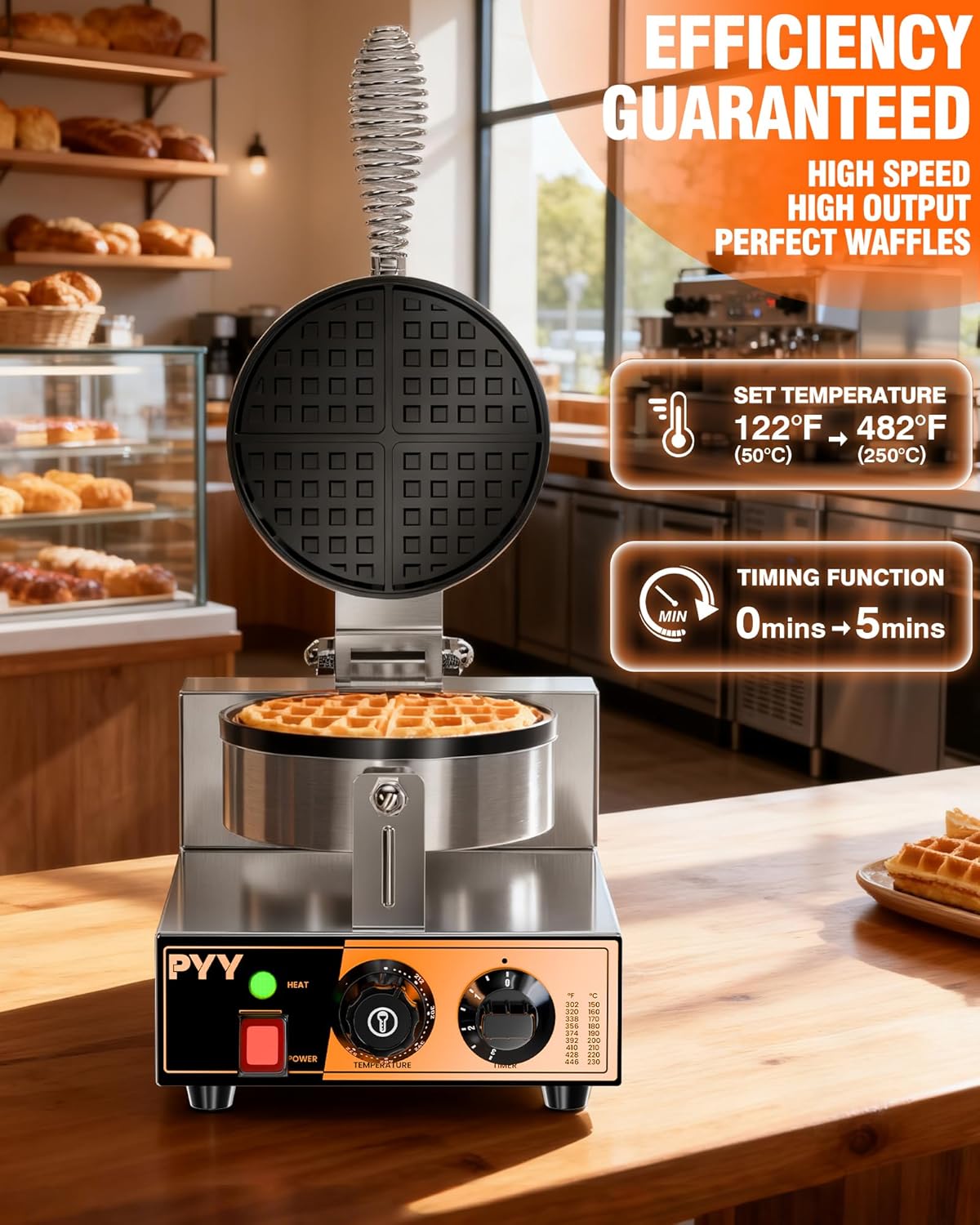 PYY Commercial Waffle Maker - 1300W Non-stick Waffle Iron, 20Pcs/H Stainless Steel Round Belgian Waffle Machine, Time Control and Temperature Adjustable, for Home Kitchen, Breakfast Restaurant