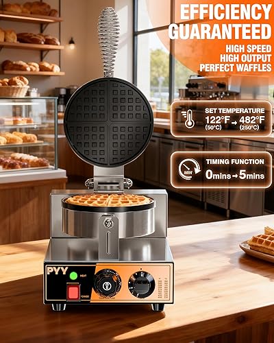Miniatura 4 de PYY Waffle Maker comercial  1300 W antiadherente Waffle Iron, 20 unidadesH de acero inoxidable redondo belga waflera belga, control de tiempo y