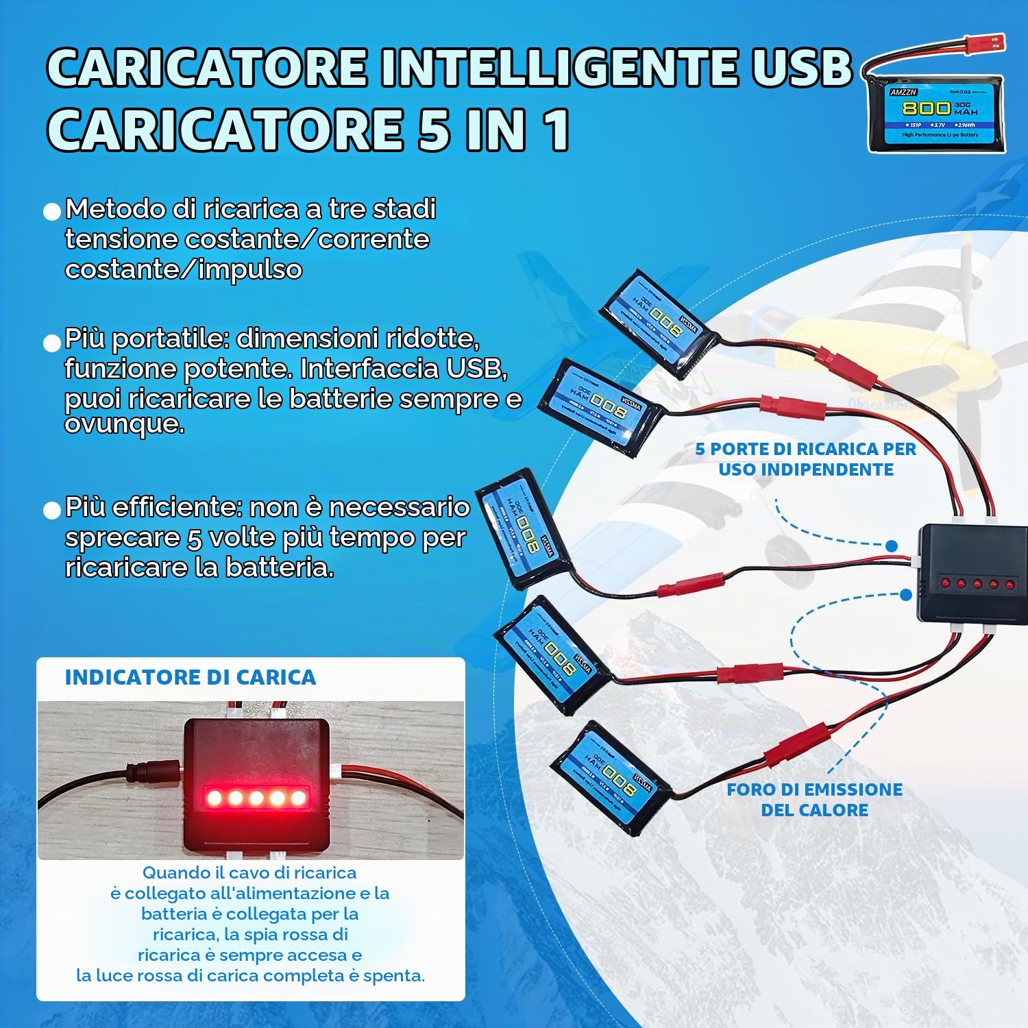 5PCS 3.7V 800mAh 30C JST plug Lipo batteria con caricabatterie 5-in-1 per SYMA X56W MJX X400W X300C X800 HS110 HS200 S670 V950hd S1750 V2450 quadcopter telecomandato