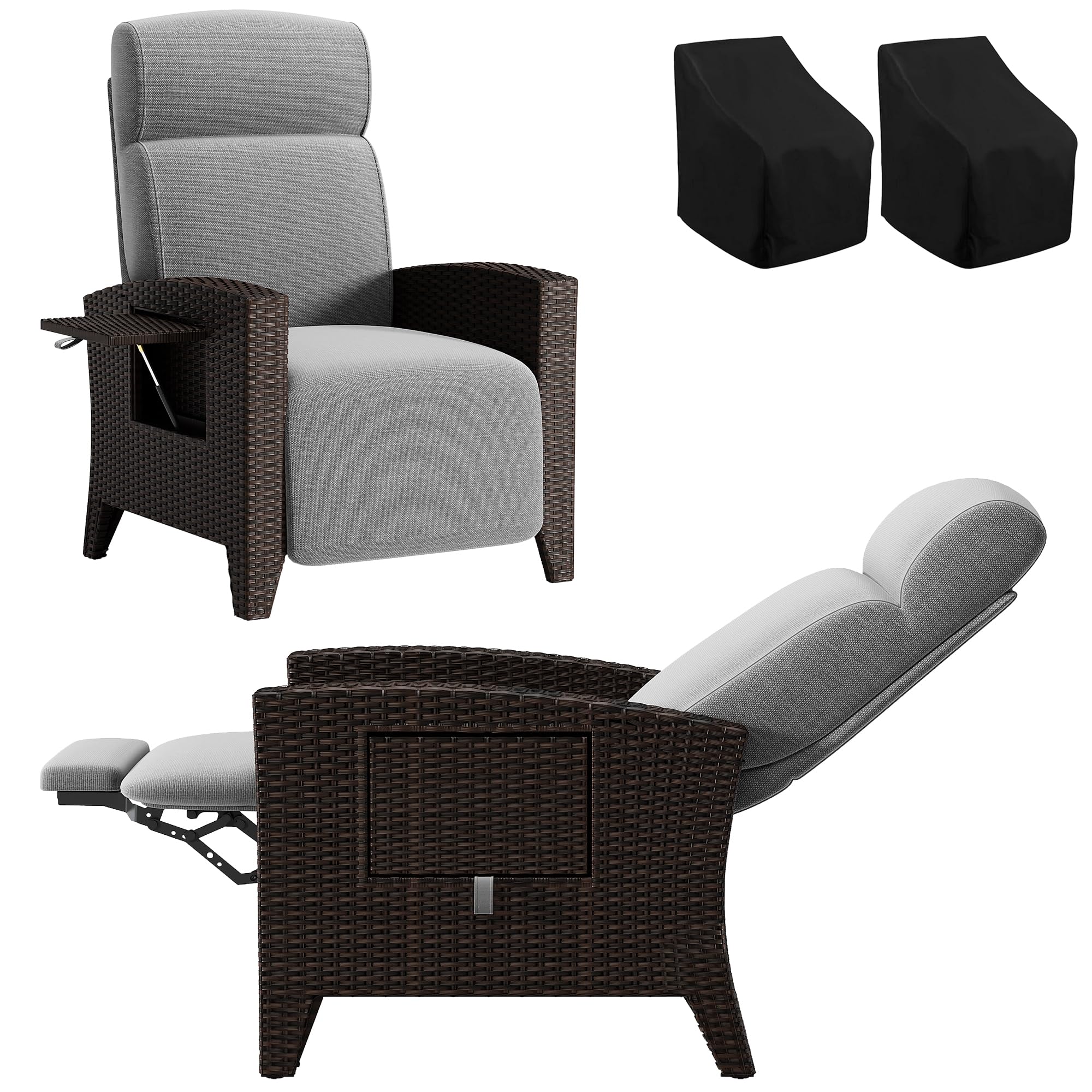 Fiutazge Set 2 Tumbona de Ratán con Respaldo Regulable,Sillon Relax Reclinable,Chaise Longue con Cojín y Funda Sillas Jardin,Tumbonas Jardin Exterior para Terraza Patio,Ratán Negro y Cojín Gris