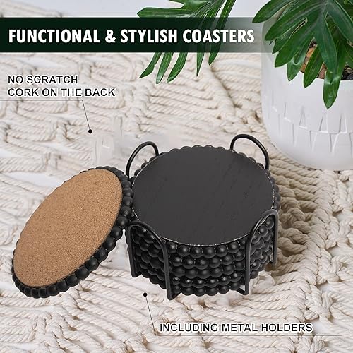 Miniatura 2 de GENMOUS - Paquete de 6 posavasos de madera con cuentas de granja con soporte de metal para decoración de mesa auxiliar, juego de posavasos redondos