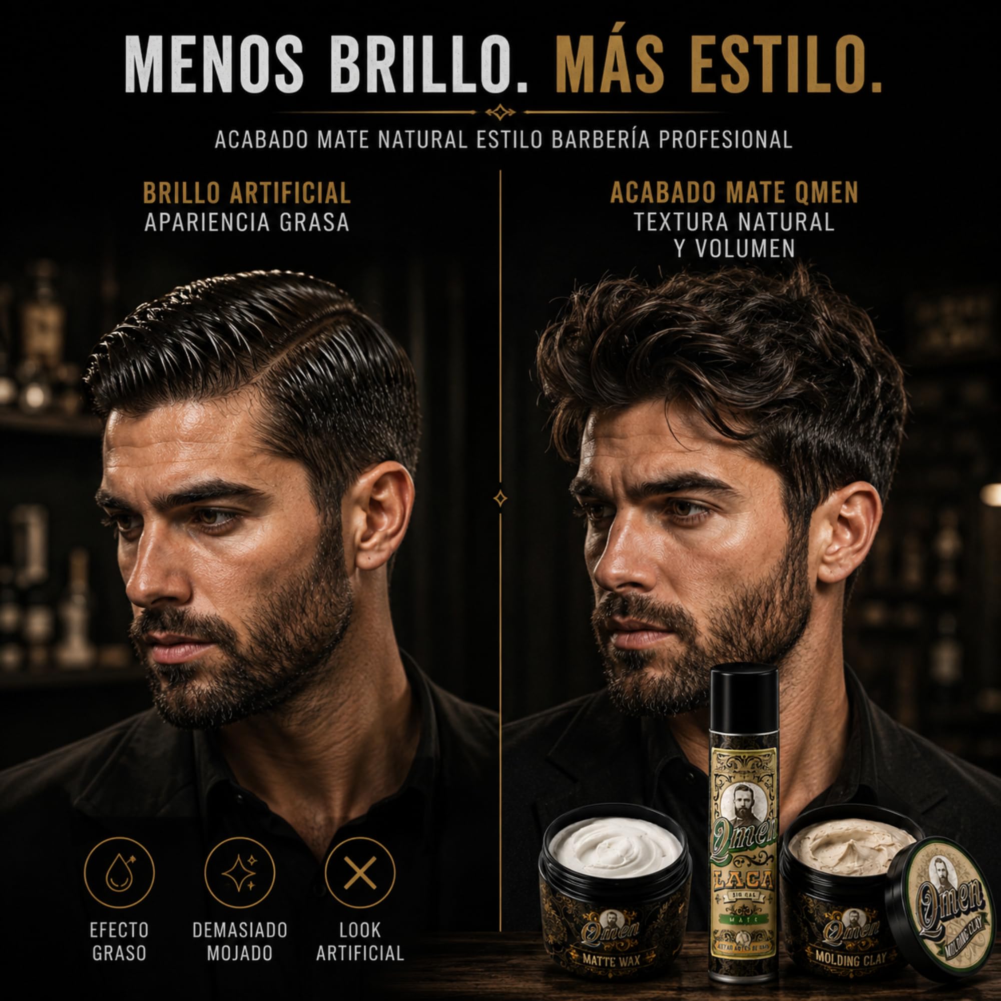QMEN Kit Acabado Mate Hombre – Laca Mate Sin Gas + Cera Mate Wax + Molding Clay | Fijación Fuerte y Flexible | Cera Pelo Hombre Mate Natural | Styling Profesional Barbería