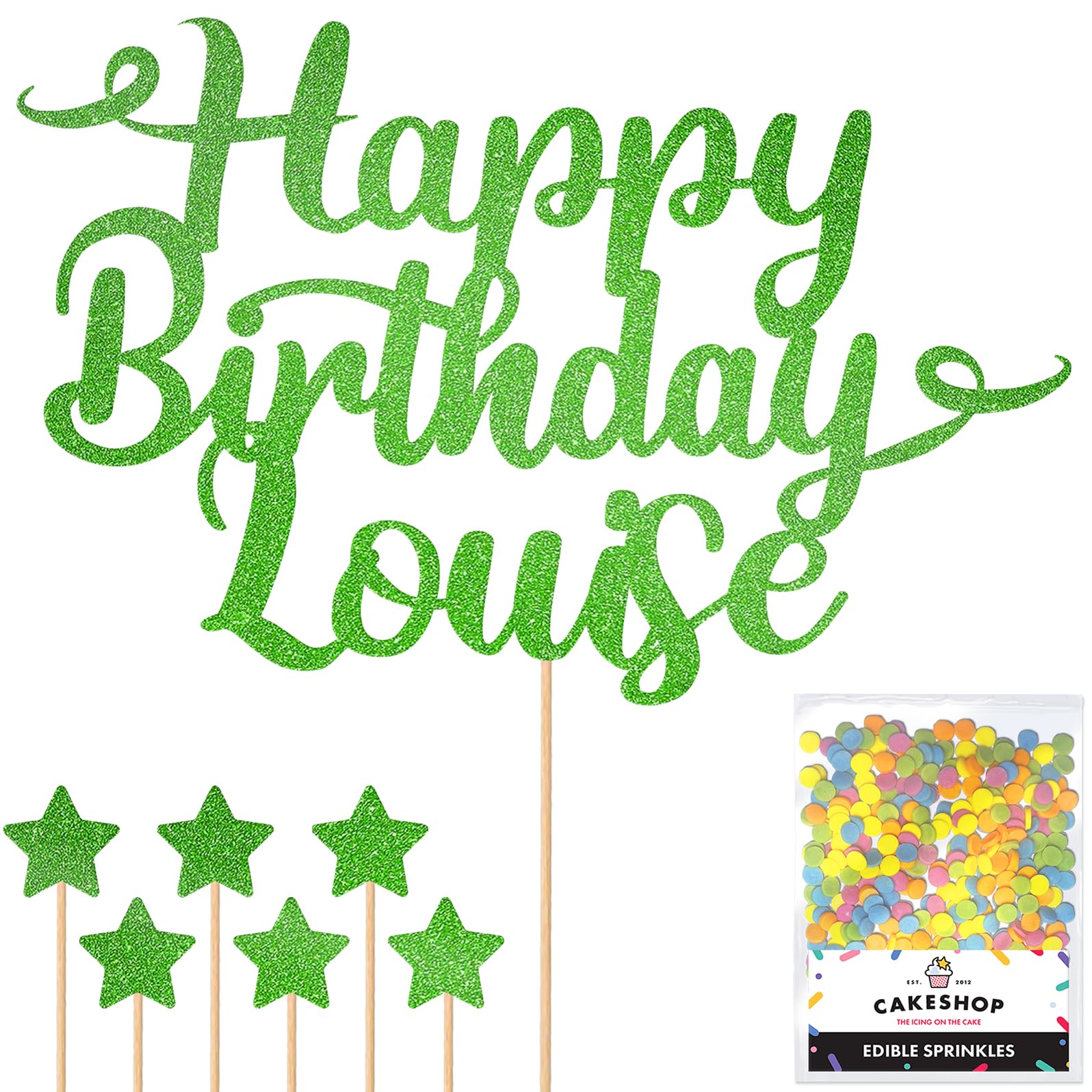 Personalised Happy Birthday Glitter Cake Topper - Green Any Name Glitter Cake Decoration and Sprinkles - Happy Birthday Decorations - Personalised Toppers for Cakes by Cakeshop