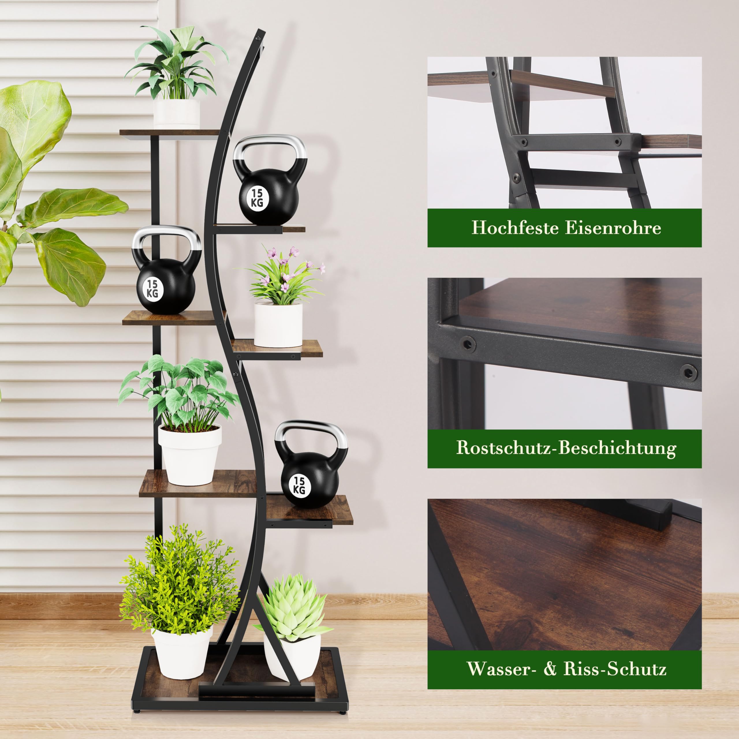 Ribelli 7-stufiger Metall-Pflanzenständer 160cm, Wellenförmiges Pflanzenregal mit Kippschutz, Hoch Blumenständer Pflanzentreppe Blumentopfständer für Balkon Wohnzimmer