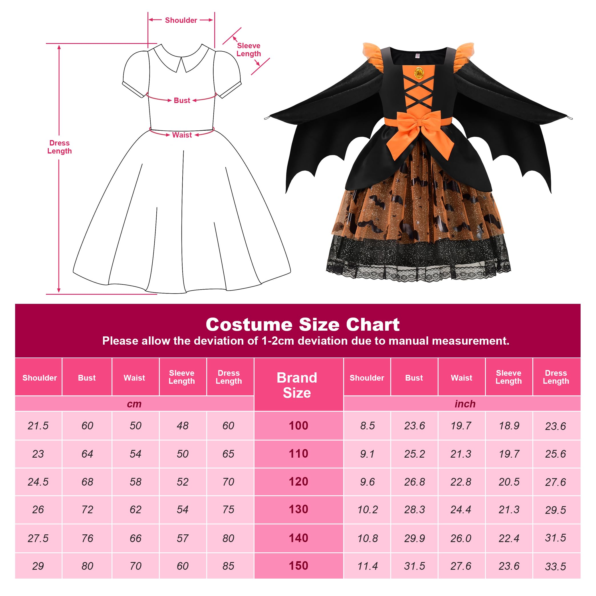 ReliBeauty Costume Pipistrello Bambina con Ali Halloween