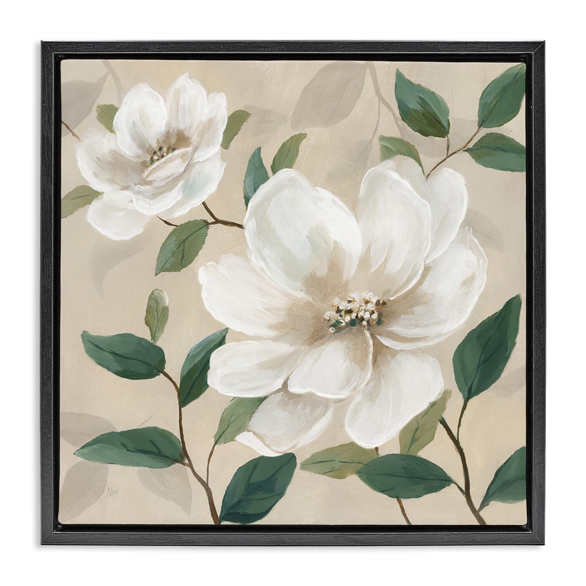 Stupell Industries Jet Black (Matte) 'Serene White Blossom With Leaves'| Floating Frame Canvas Art