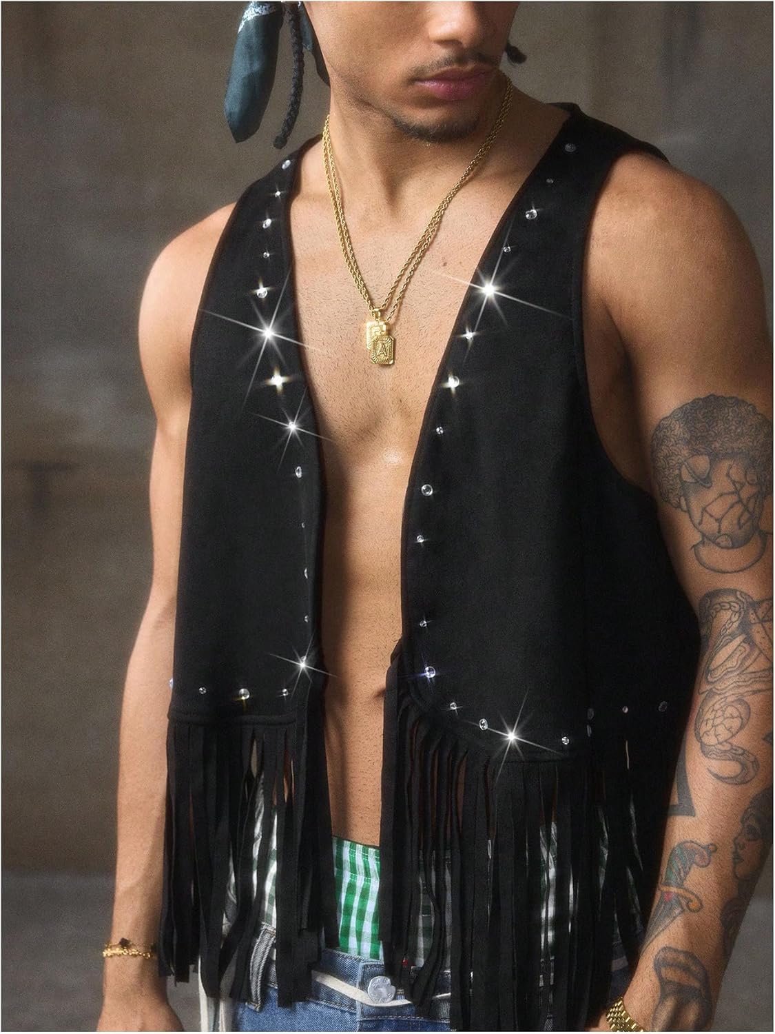 SHENHE Men's Western Cowboy Fringe Vest Sparkle Rhinestone Open Front 70s Hippie Vest Jacket - Image 3