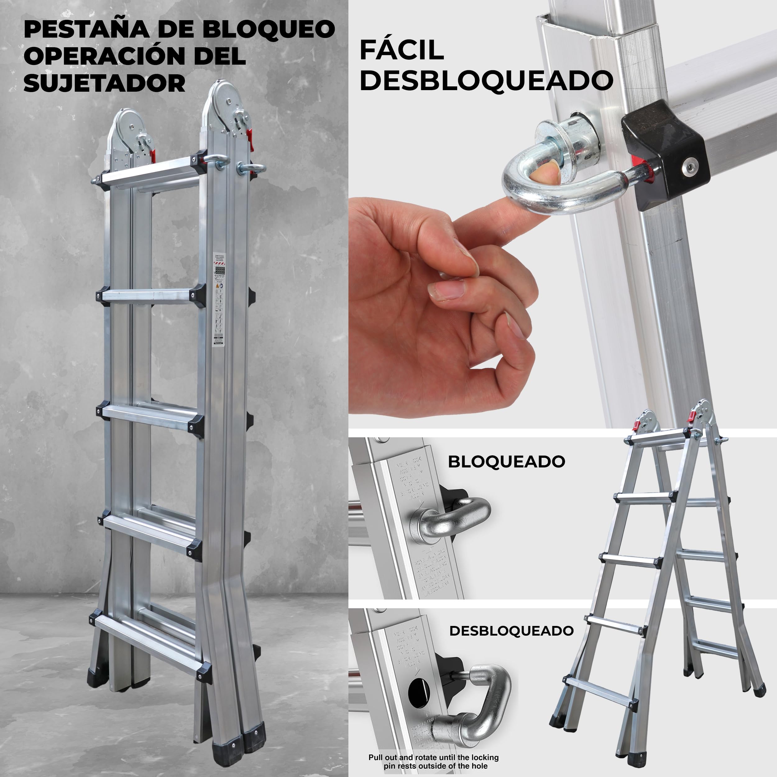 UZIRO Escalera Telescópica Plegable Articulada de Aluminio 4x5, 5,19 M, 150 KG, Gris