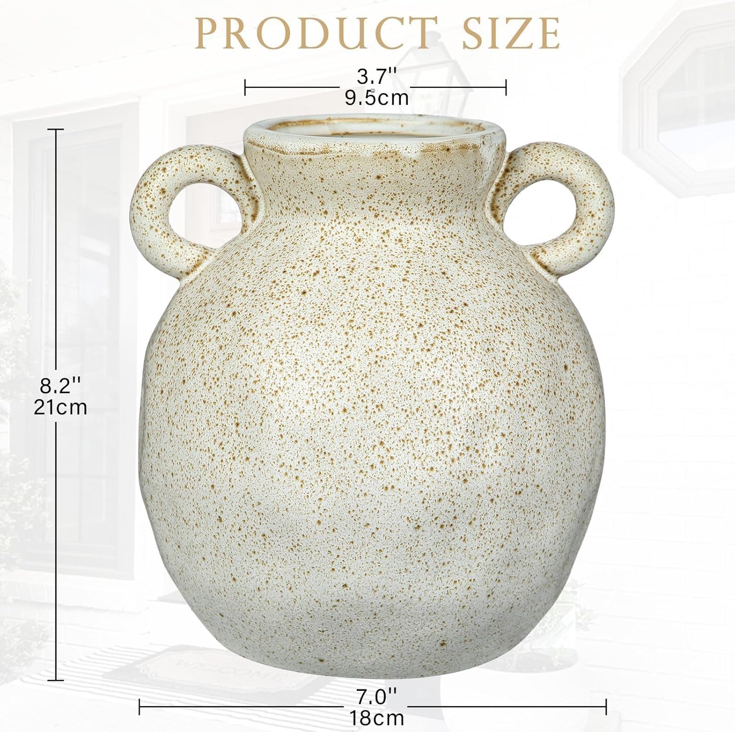 White Ceramic Flower Vase with 2 Handles, Large Vases for Farmhouse Vintage Home Decors, Living Room, Bookshelf, Office, Grand Millennial Decor 8.2 Inch
