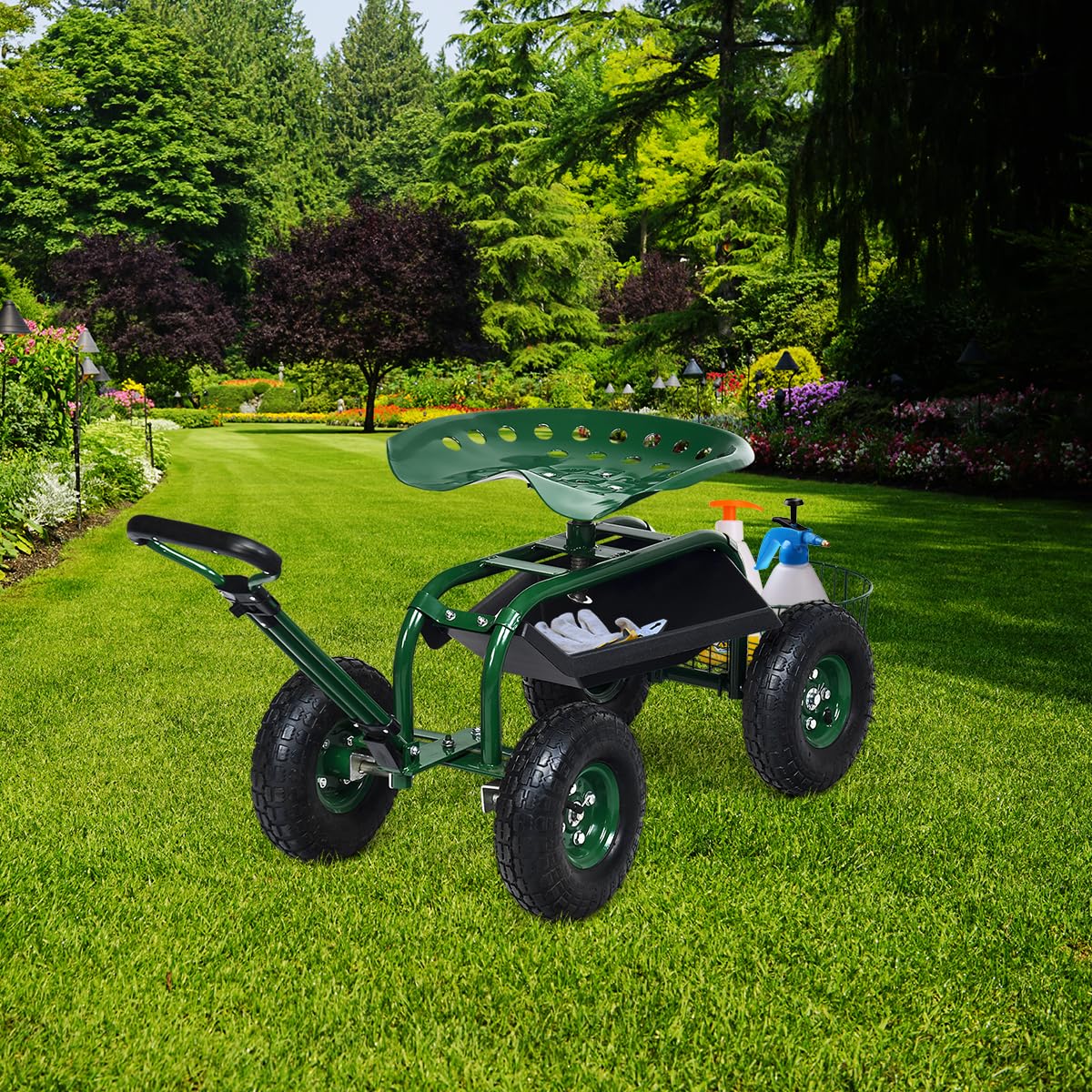 SOARS Siège Roulant de Jardin Pivotant à 360° et Réglable en Hauteur de 46 à 53 CM, Tabouret de Jardinage avec Étagère et Panier, Charge Maximale 150 KG, pour Jardinage et Entretien SOARS Siège Roulant de Jardin Pivotant à 360° et Réglable en Hauteur de 46 à 53 CM, Tabouret de Jardinage avec Étagère et Panier, Charge Maximale 150 KG, pour Jardinage et Entretien