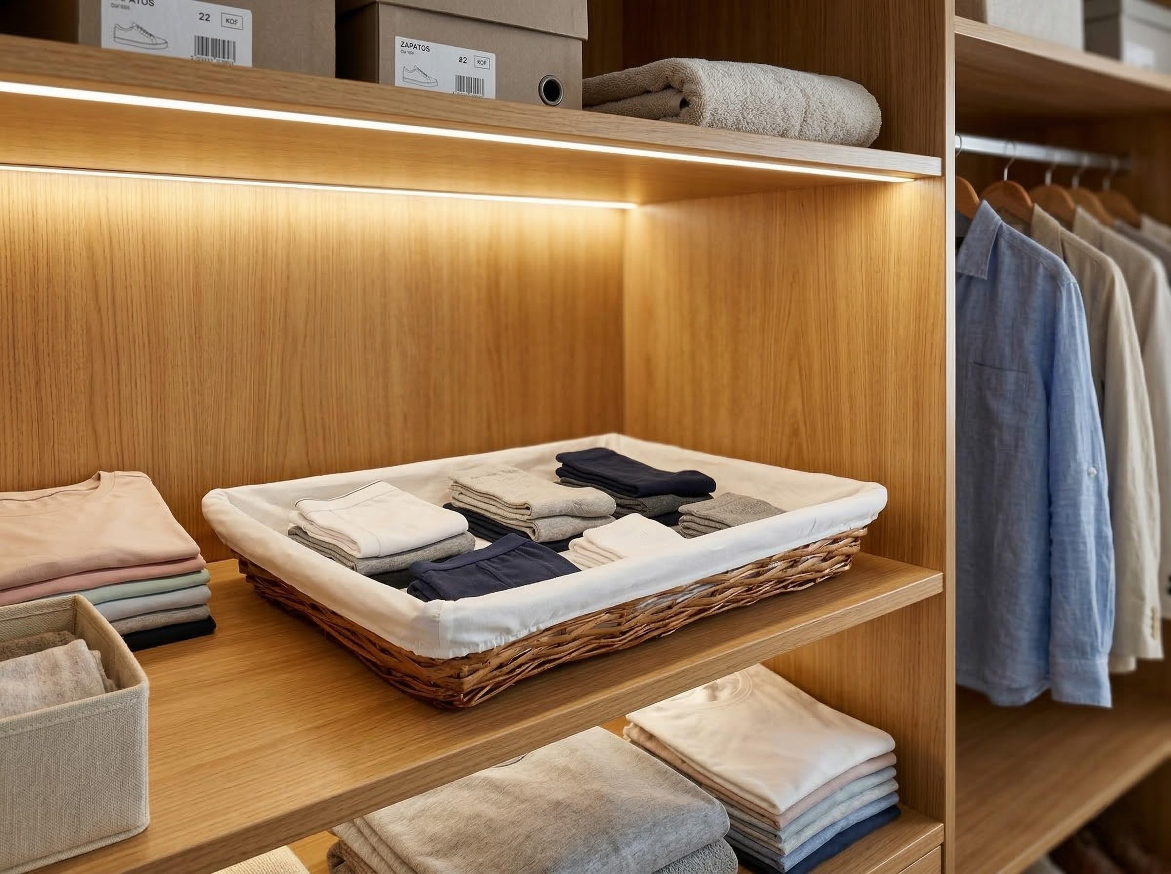 HERSIG - Cesta de Mimbre para Ropa Planchada con Forro Protector - Bandeja Rectangular 60x40 cm para Colada Limpia y Organización de Armario sin Asas - Miel