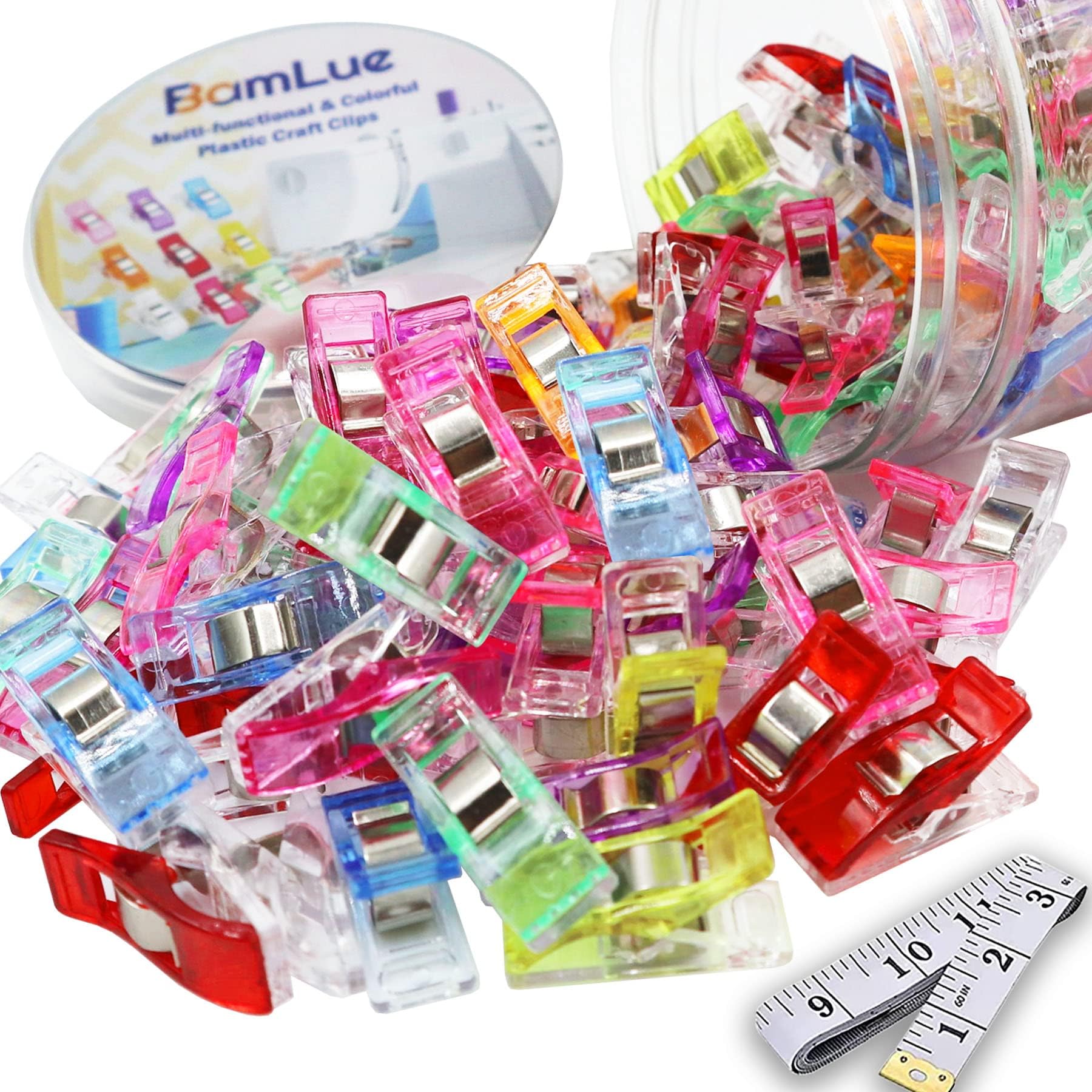 BamLue 100 Pieces Sewing Clips Multi-Color with Tin Box for Sewing Craft, Crafting, Crochet and Knitting, All Purpose Assorted Plastic Clips for Quilting Binding, Fabric, Paper Clips, Blinder Clips