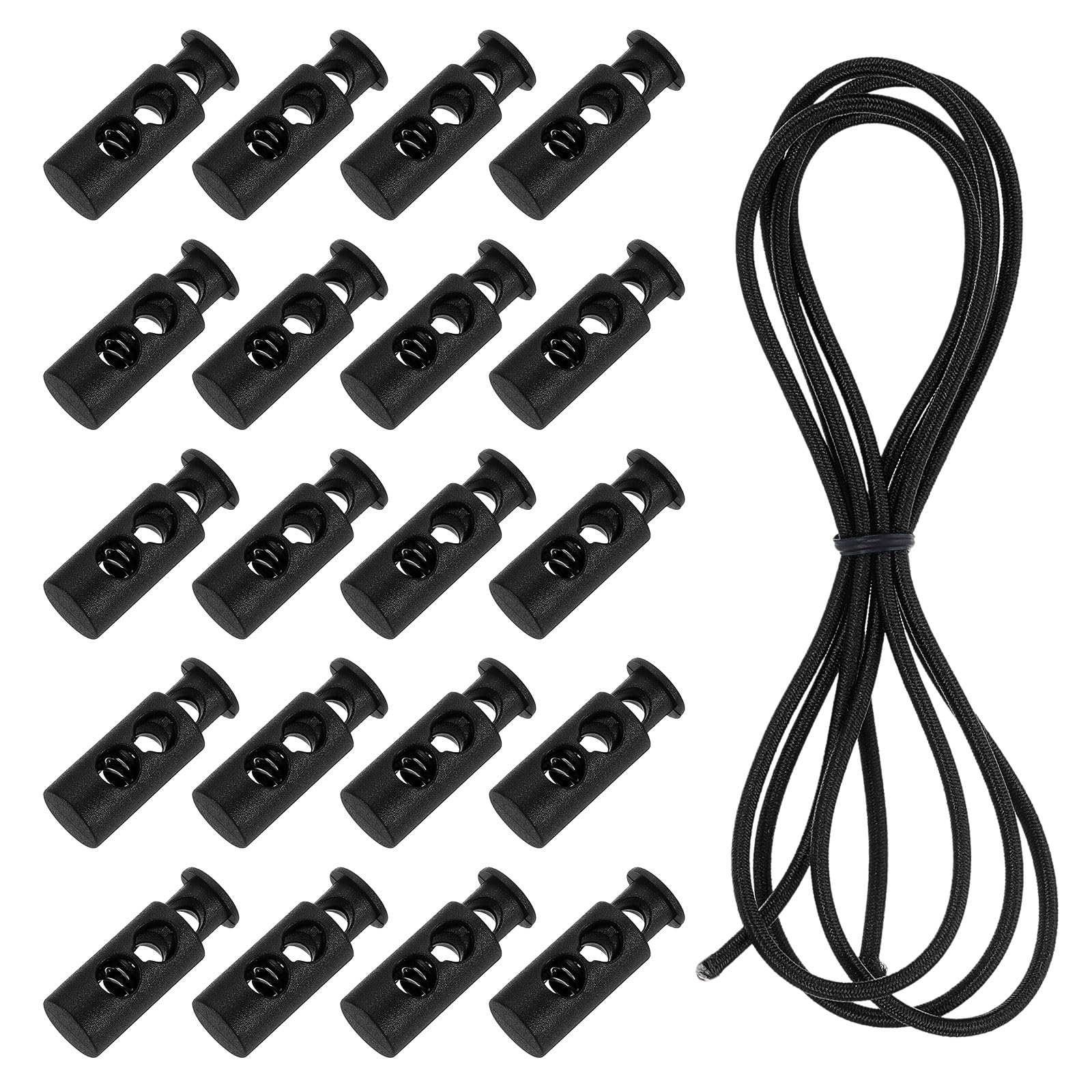 sourcing map 20 Pcs Double Hole Cord Locks with 39Inch Elastic Shock Cord, Plastic Spring Toggle Stopper Clip with Stretch String for Shoelaces Drawstrings Paracord, Black