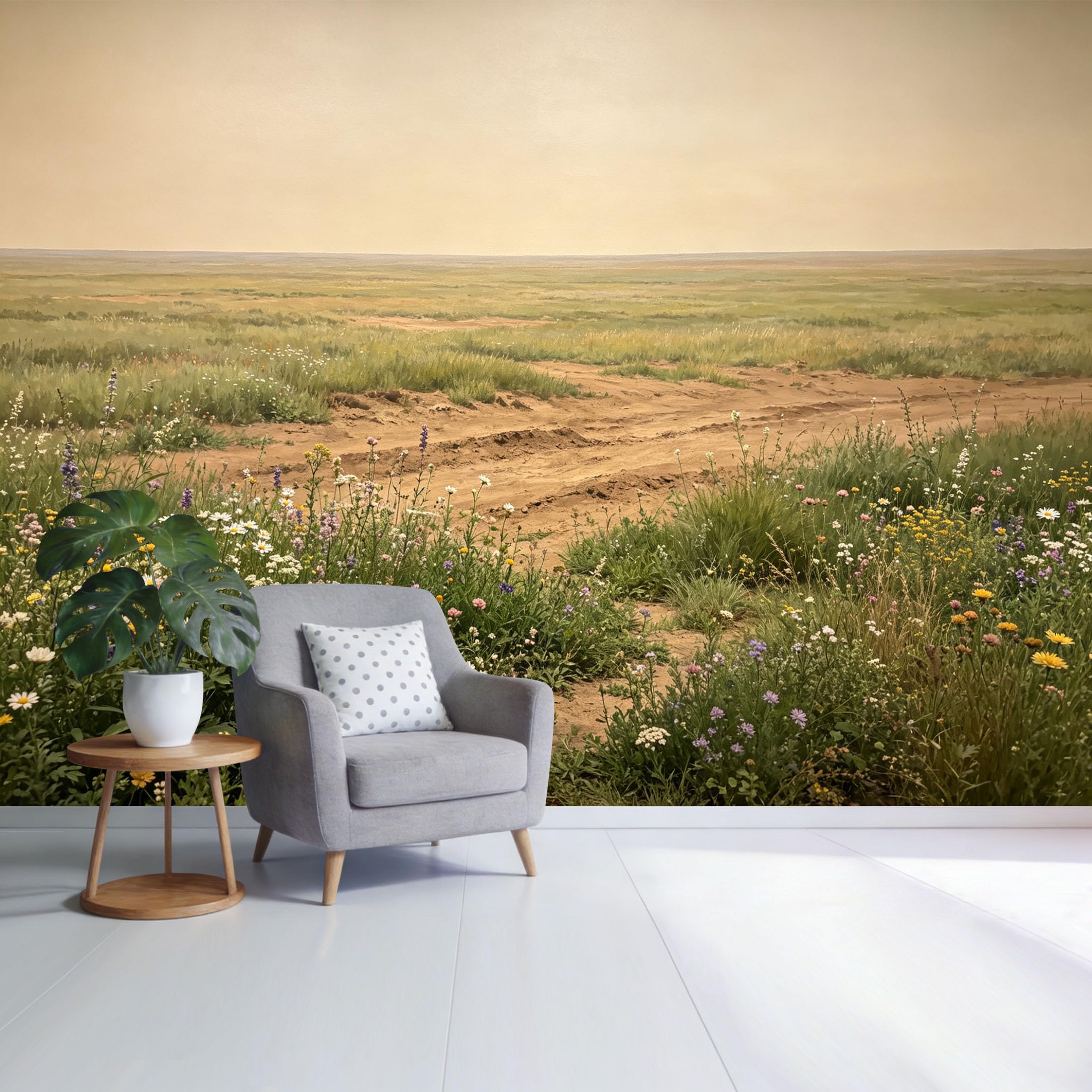 Custom Size Wall Mural Wildflower Meadow Landscape Dirt Path Natural Grass Field Botanical Pastoral View SelfAdhesive Wall Fabric Removable Wallpaper for Home Office Decor